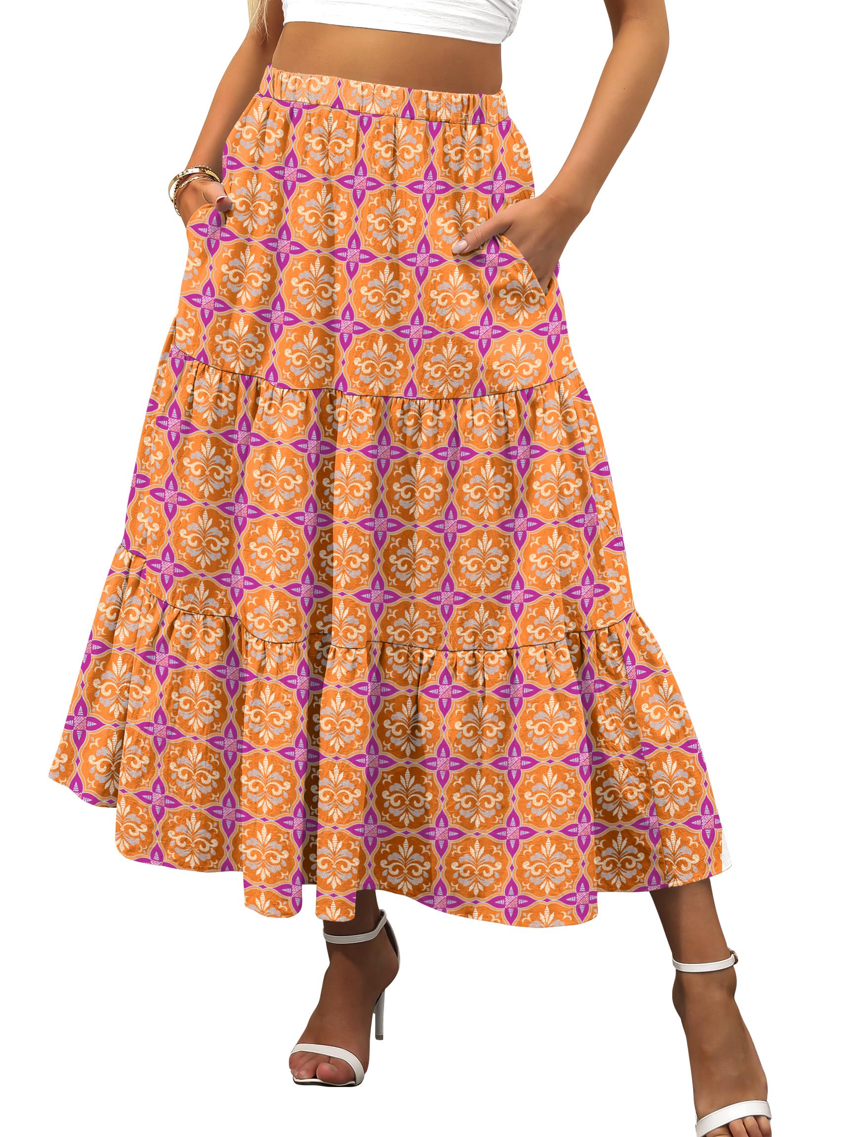 ANRABESS Women’s Summer Boho Flowy Swing Tiered A-Line Maxi Skirt 2026 Fashion Trendy Elastic Waist Pleated Long Beach Dress