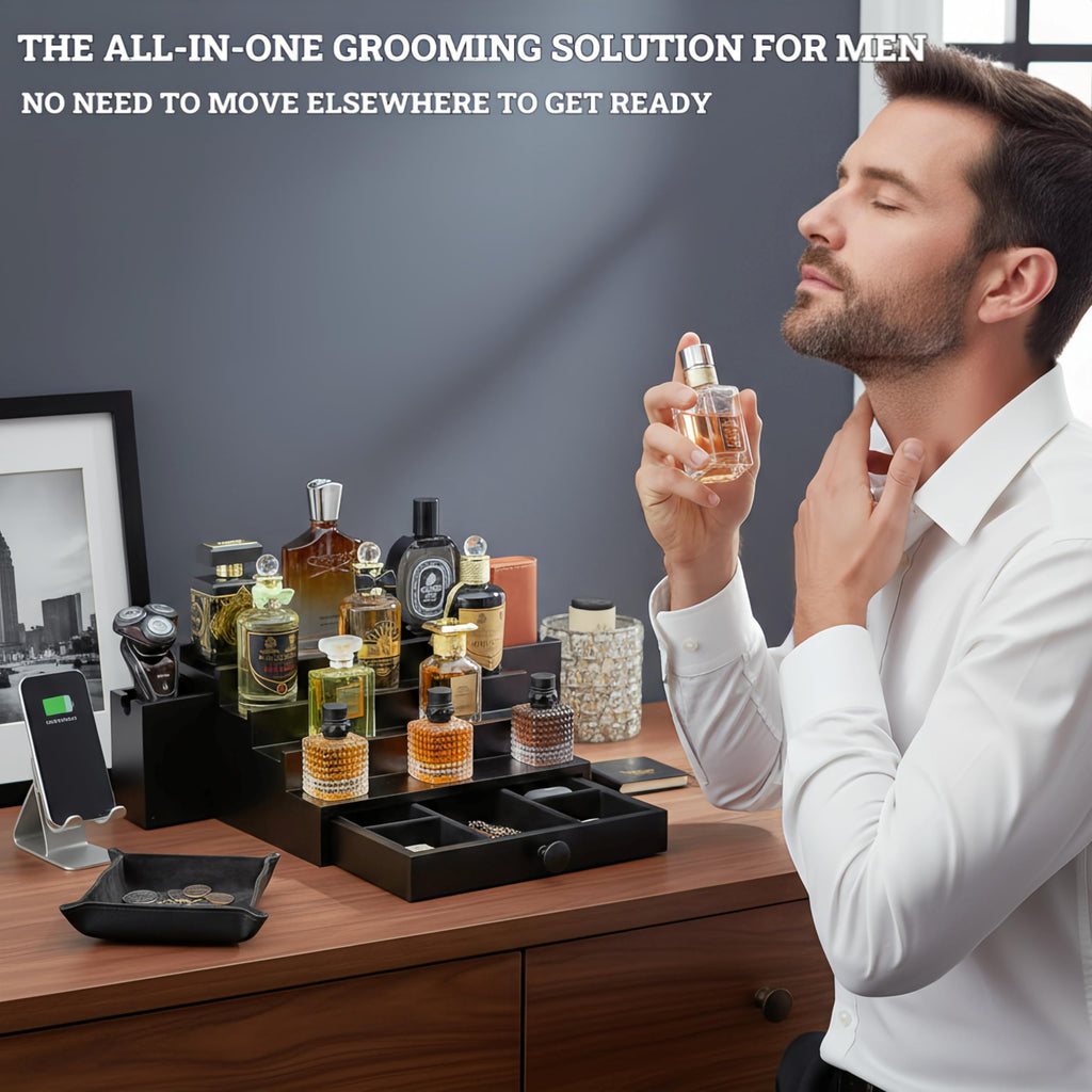Wooden Cologne Organizer for Men 3 Tier | Black Perfume Holder Shelf for Dresser | High Grade Velvet Lining and Stylish Gift Box | Uncluttered Design Perfume Display Stand