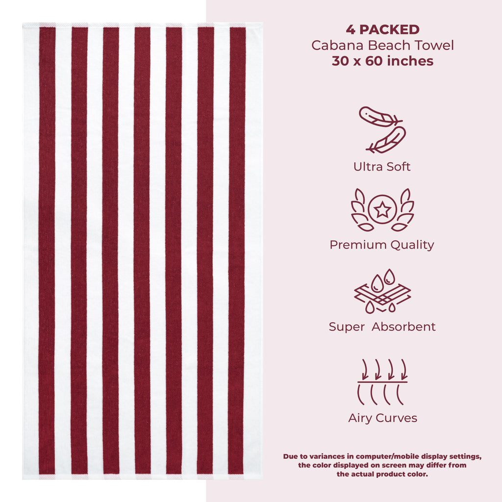 American Soft Linen Cabana Striped Beach Towels, 30x60 inch 4 Piece Oversize Pool Towels, Quick Drying Sand Free Swim Towels, Beige