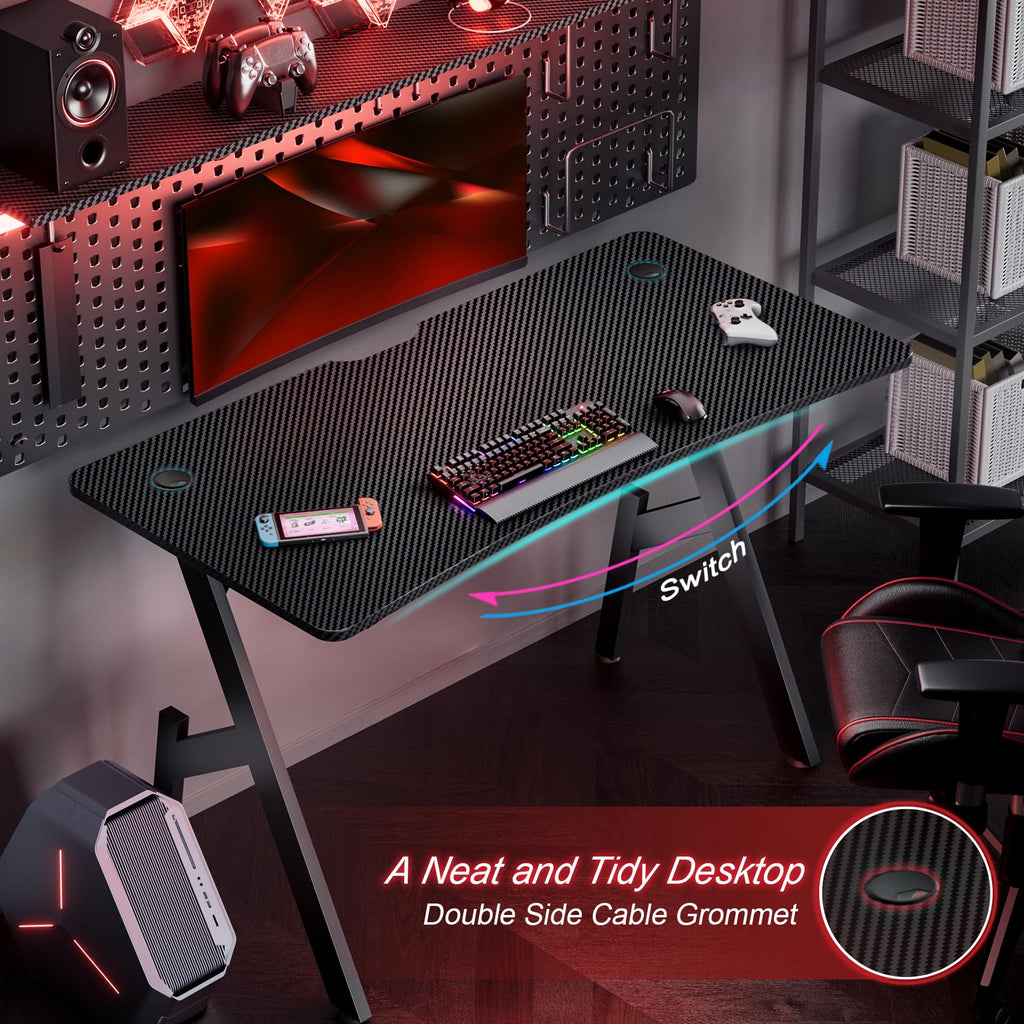 HLDIRECT 40 Inch Gaming Desk, Small Computer Gaming Desk Table with Cable Management, Ergonomic A Shape Modern Carbon Fiber Gamer Table Pc Workstation Home Office Desks for Small Space, Black