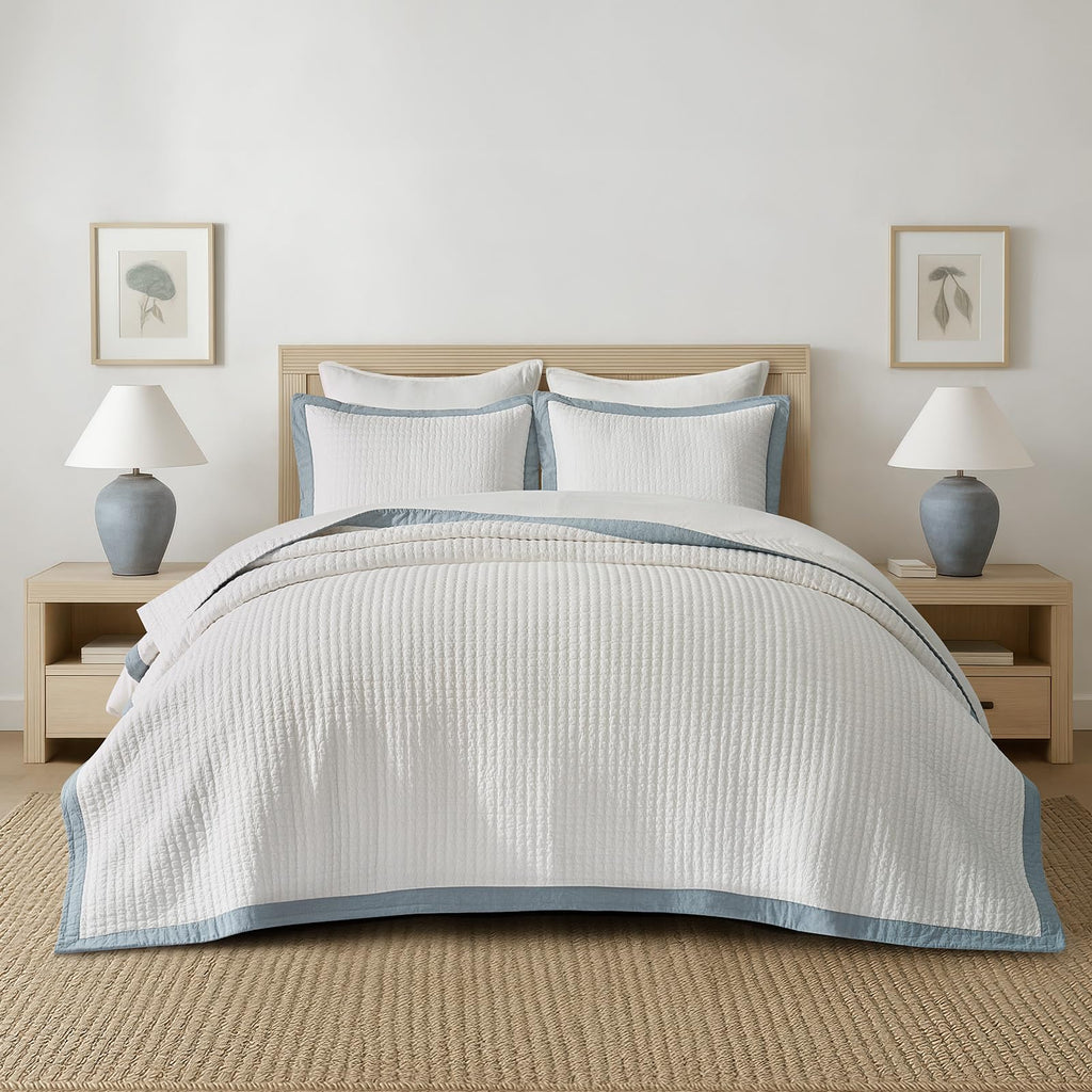 EVERGRACE Cotton Border Frame Tack-Stitch Quilt Bedding Set Queen Size, Coastal Oversized 3 Pieces Lightweight Bedspread Coverlet for All Season, with 2 Matching Shams, Blue Linen