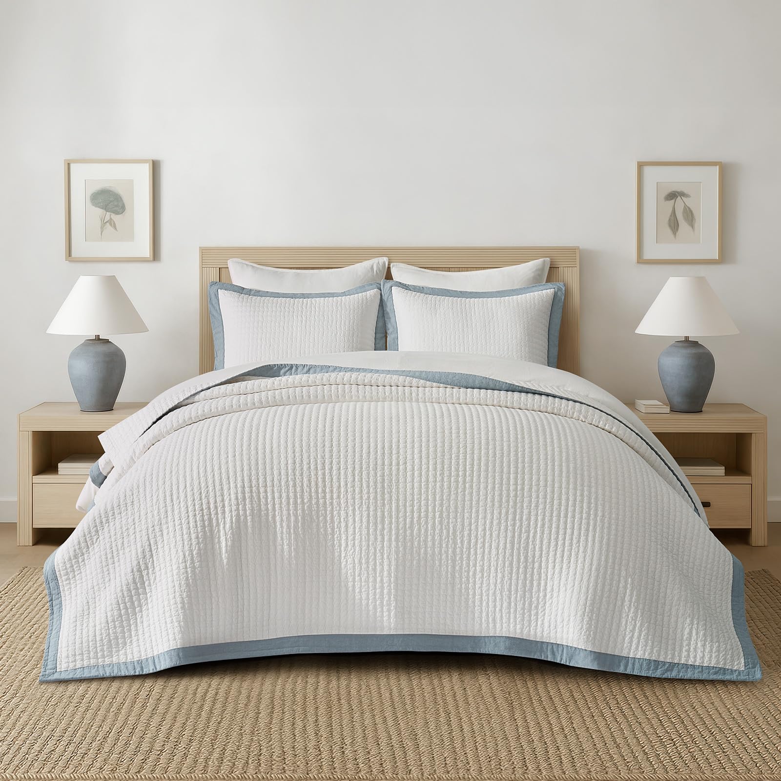 EVERGRACE Cotton Border Frame Tack-Stitch Quilt Bedding Set Queen Size, Coastal Oversized 3 Pieces Lightweight Bedspread Coverlet for All Season, with 2 Matching Shams, Blue Linen