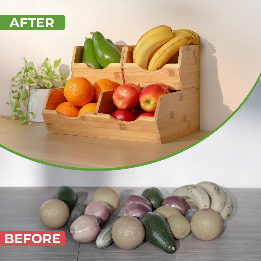HOMESTEAD Bamboo Pantry Storage Bins – Stackable Potato & Onion Storage Bin for Kitchen Countertop, Pantry Organizer, Fruit Vegetable Basket, Multiuse - Set of 3 Slide-Out Access