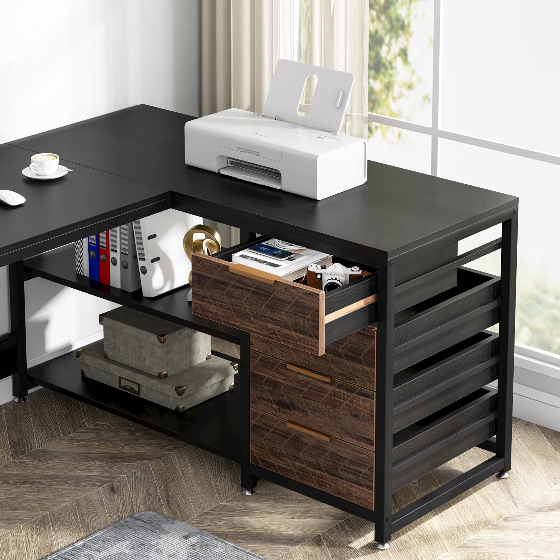 LITTLE TREE 59-Inch L Shaped Desk with Drawers, Large Computer Desk with Storage Shelves, Reversible L-Shaped Corner Desk Workstation for Home Office