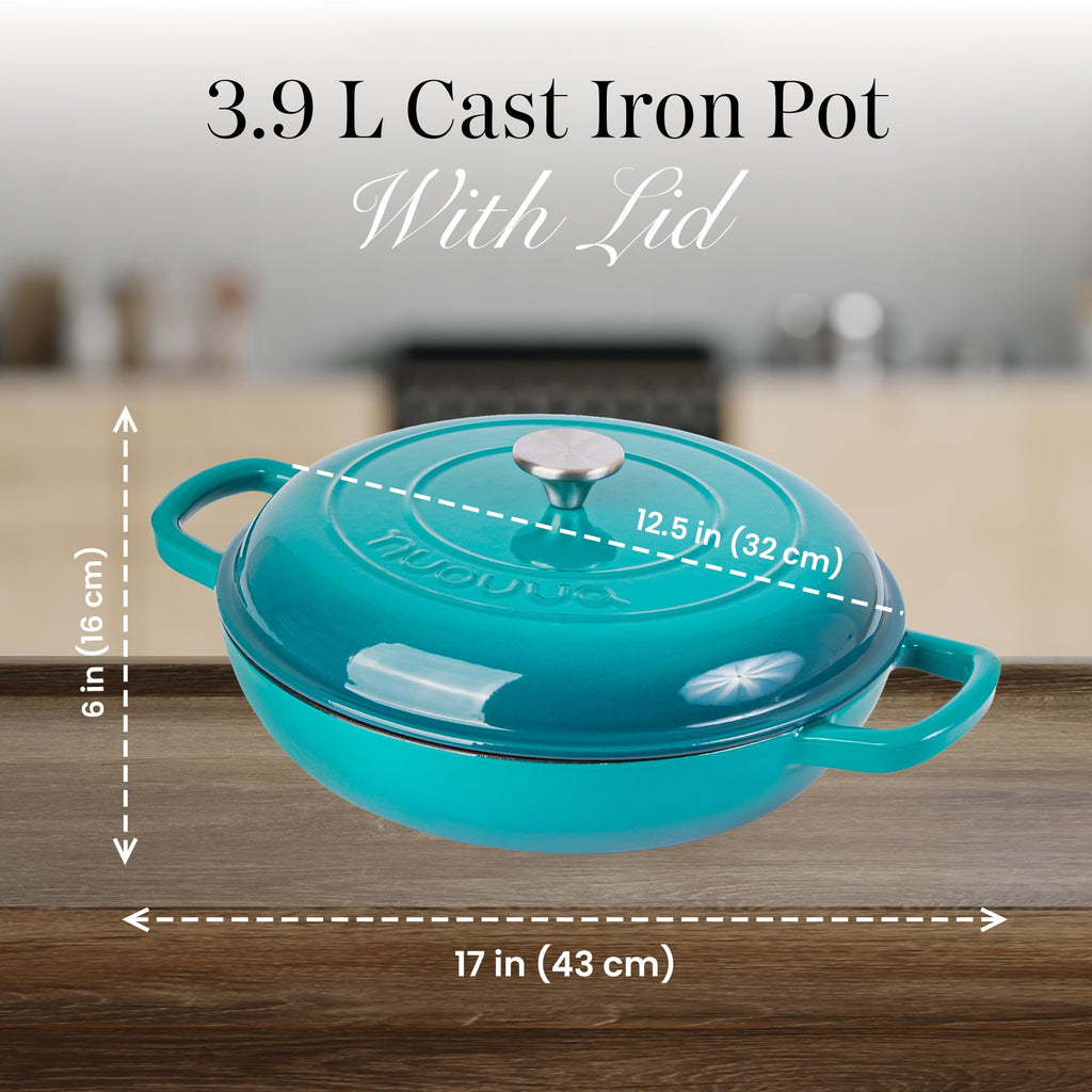 Shallow Cast Iron Casserole with Lid – Non Stick Dutch Oven Pot, Oven Safe up to 500° F – Sturdy Ovenproof Stockpot Cookware – Enamelled Cooking Pot – Black, 5-Quart, 32cm – by Nuovva