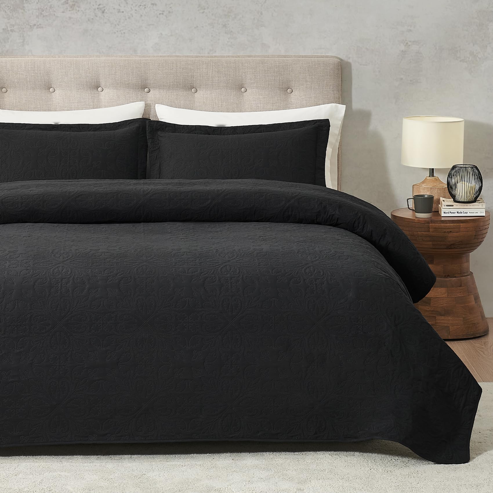 Hansleep Black Quilt Twin Size - Damask Ultrasonic All Season Bedspread Twin, Soft Lightweight Coverlet Bedding Set, 2 Pieces (1 Quilt, 1 Pillow Sham)
