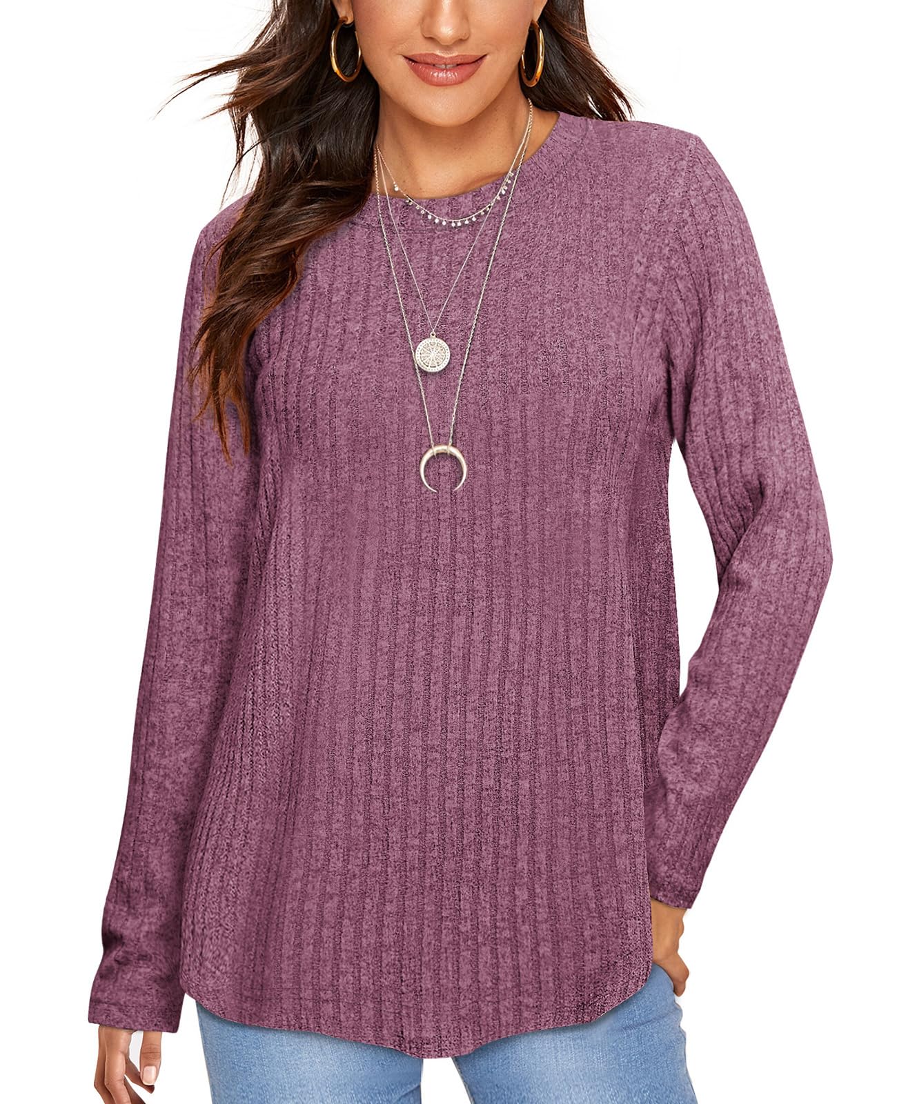 OFEEFAN Long Sleeve Shirts for Women Loose Fit Crew Neck Tunic Tops Blouse Dressy Casual Fall Winter Clothes Outfits