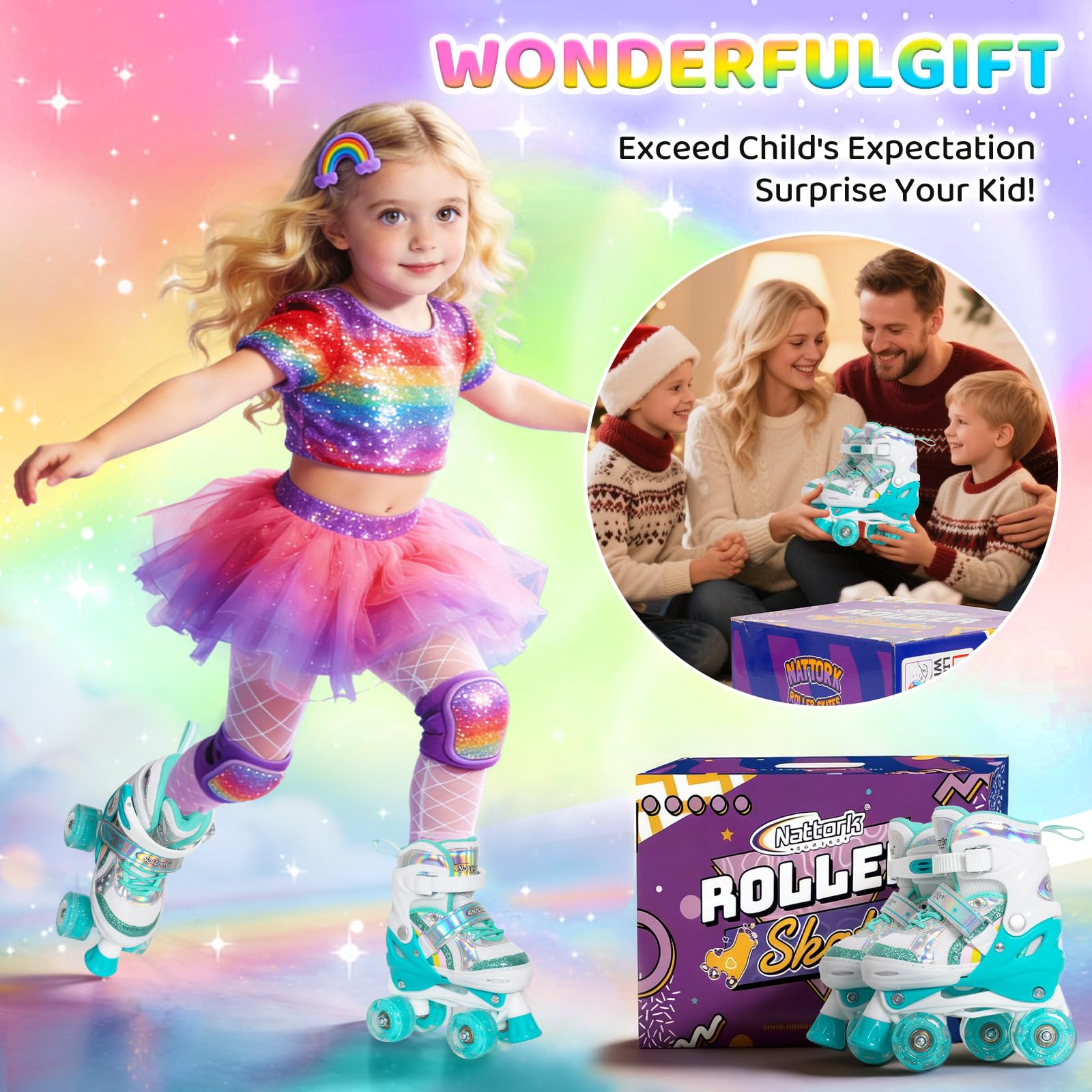 Nattork Girls Roller Skates for Kids, 4 Size Adjustable Rainbow Quad Skates with All Light Up Wheels - Best Birthday Gift for Outdoor Sports