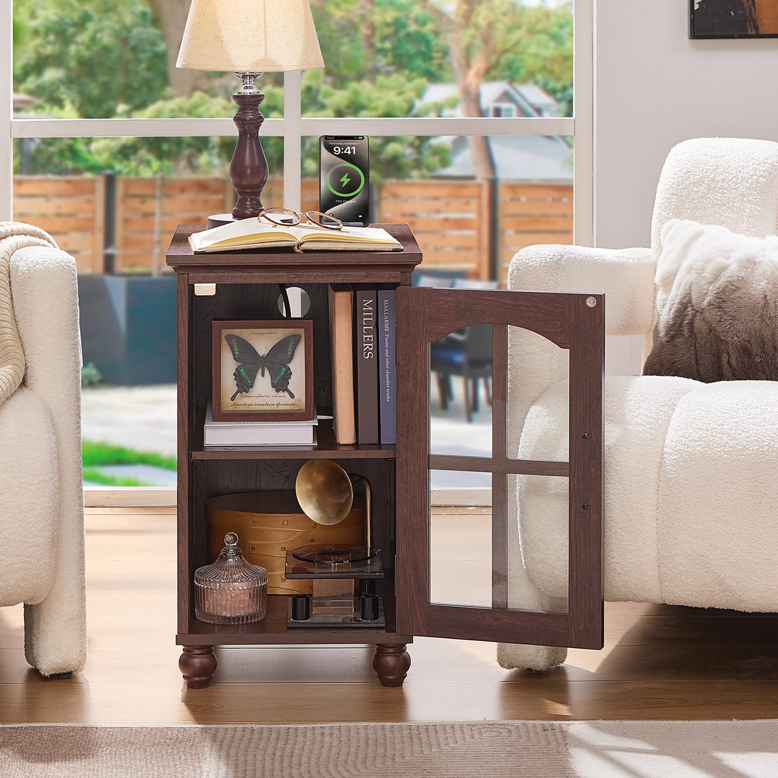 Narrow Side Table,Farmhouse Nightstand with Charging Station,Wood End Table with Glass Barn Door Storage, Cabinet Organizer with Adjustable Shelf, Night Stand for Small Spaces for Living Room Bedroom