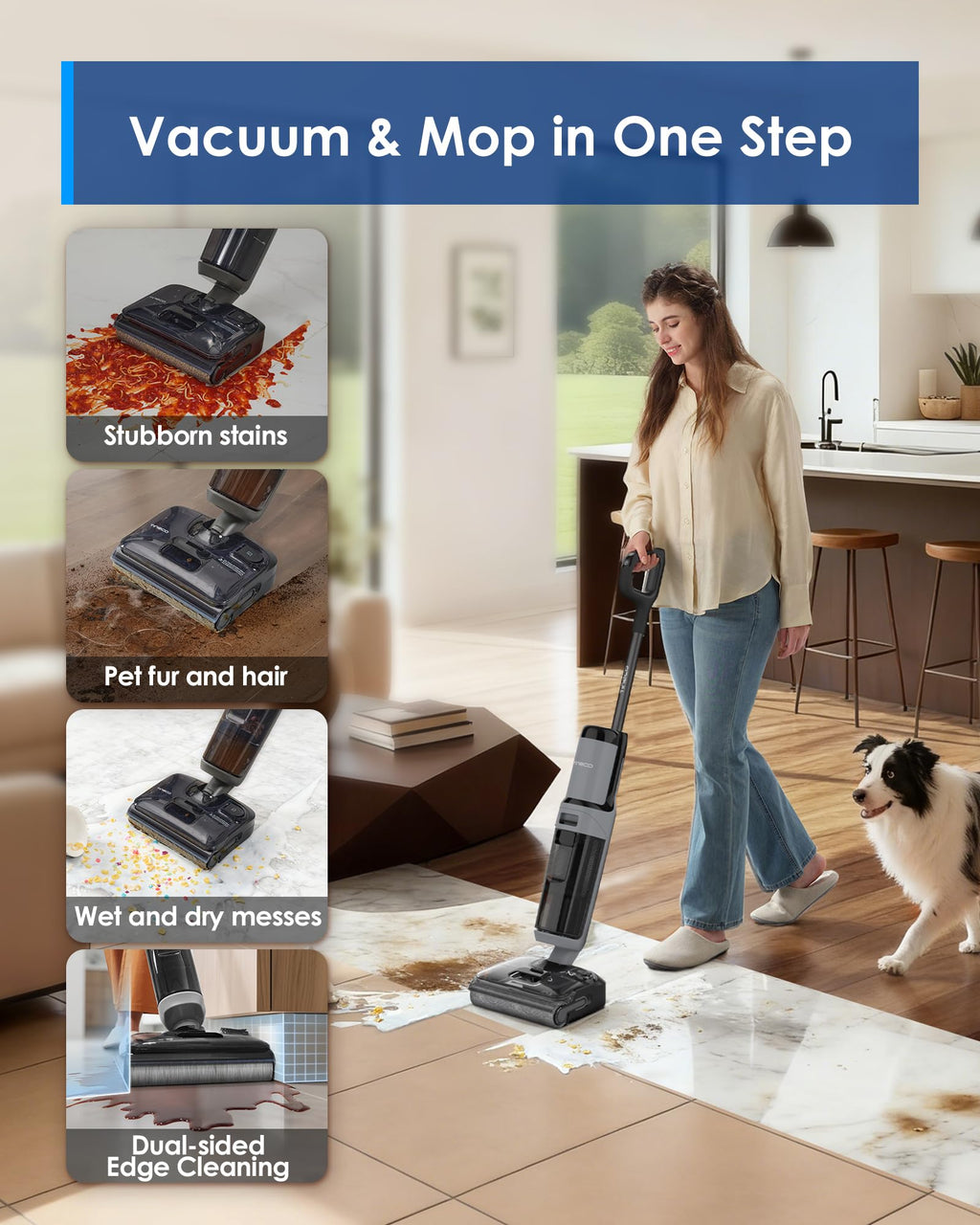 Tineco Floor ONE i5 Stretch Wet Dry Vacuum Cleaner, Vacuum & Mop in One Step, 20kpa Powerful Suction, 180° Lay-Flat Design, Anti-Tangle Design, Dual-Sided Edge Cleaning, Up to 30* Minutes Runtime
