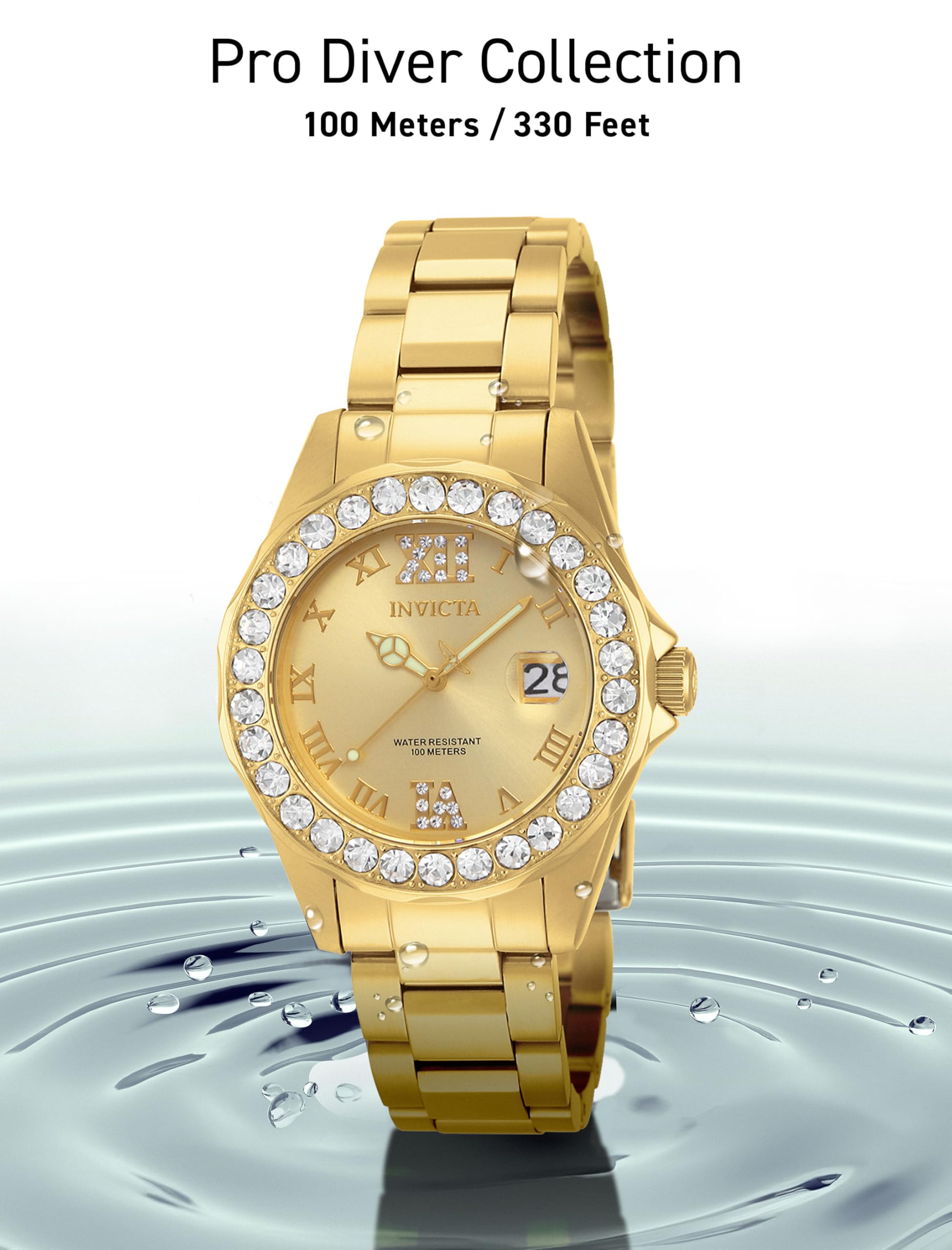 Invicta Women's Pro Diver Crystal Accented 18k Ion-Plated Stainless Steel Watch