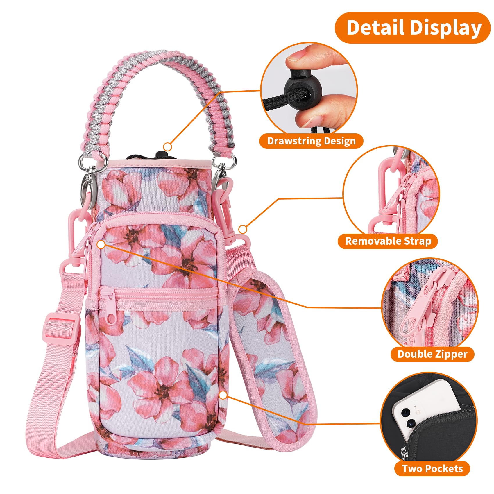 AceTreker 32/40/64/128 oz Neoprene Insulated Water Bottle Carrier Bag, Sling Bag Sleeve Pouch Holder with Strap & Paracord Handle and 2 Pocket for Travelling, Hiking, Camping