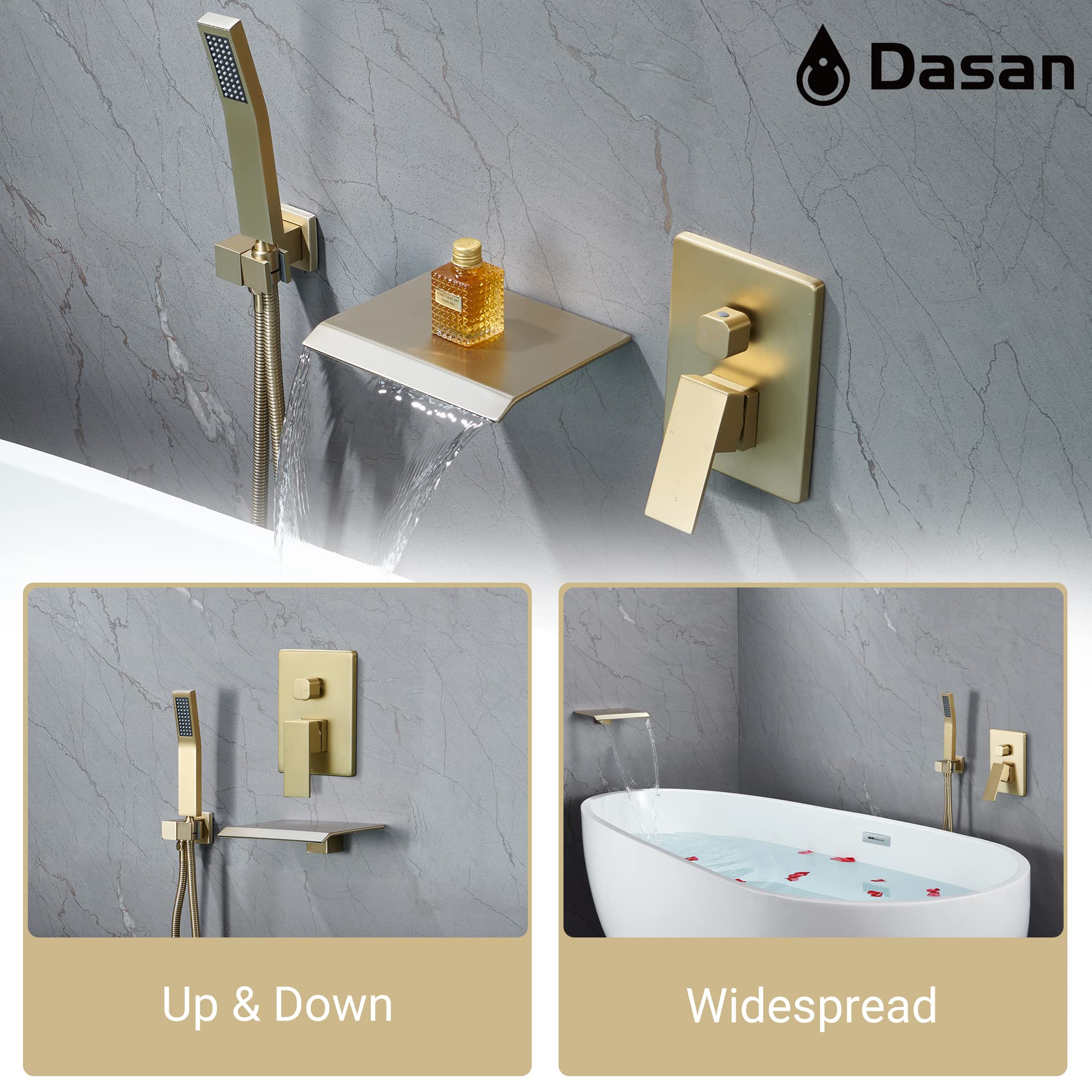 Upgraded Wall Mount Tub Filler Faucet with Handheld Shower, DASAN Modern Wall Mounted Bathtub Faucet Brushed Gold High Flow Waterfall Tub Faucet with Rough in Valve, SA-TF04WH-BG