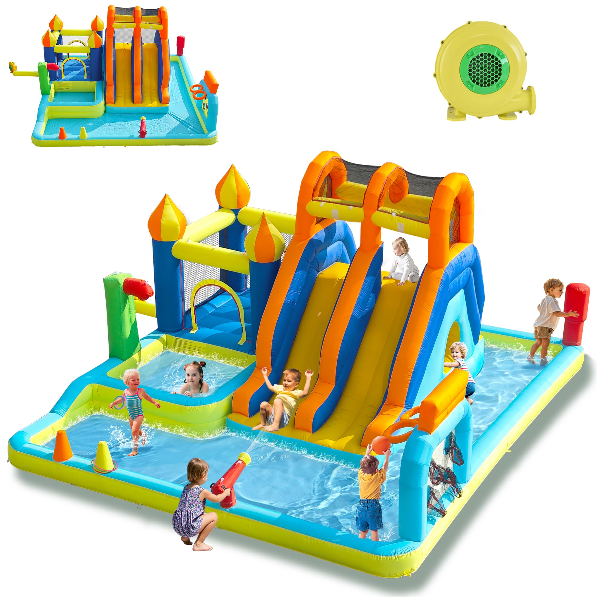 Blow Up Water Slides Two Long Slides Jumping Bouncy Castle for Kids Outdoor Inflatable Bounce House with 680W Blower for Kids Backyard