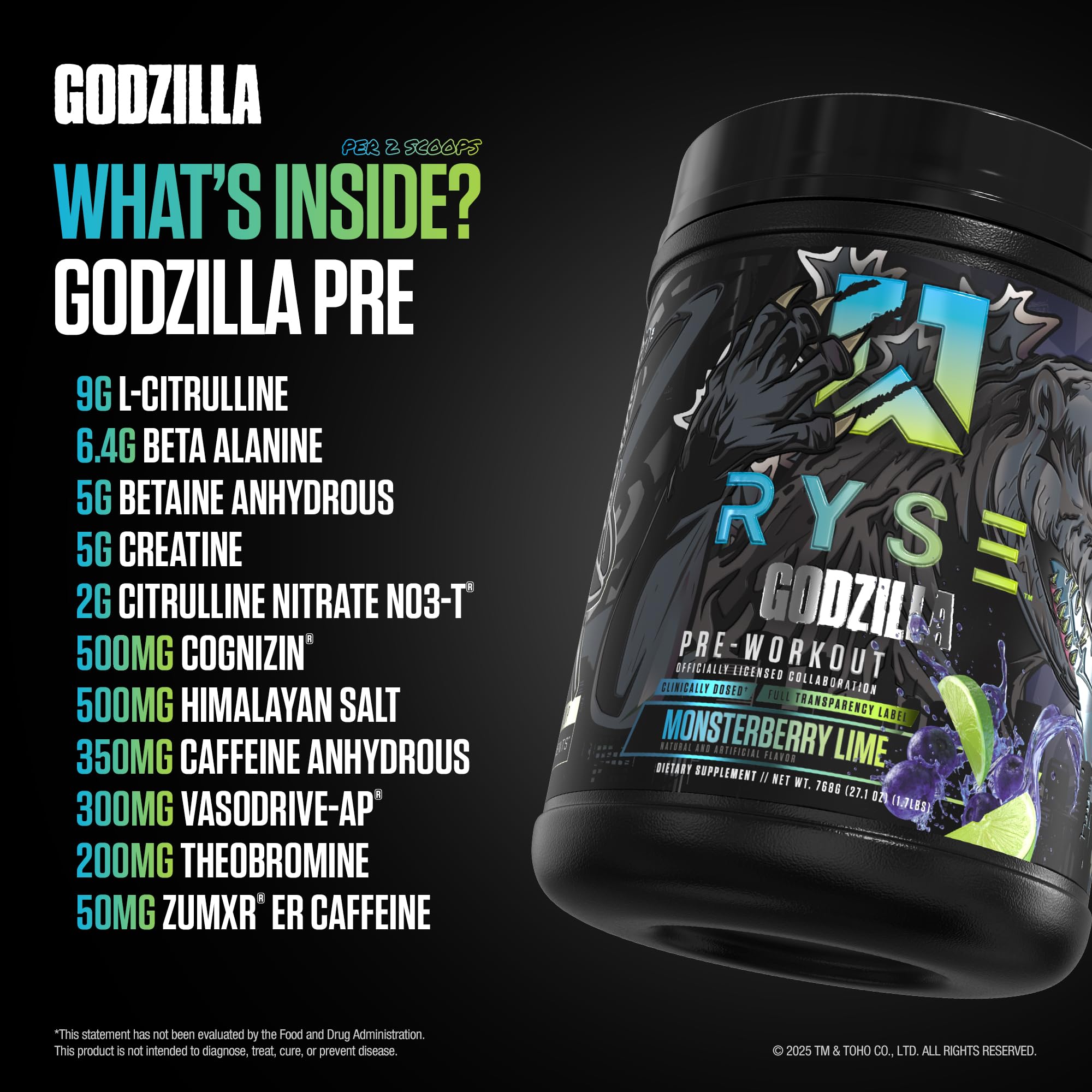 RYSE Godzilla X Noel Deyzel Pre Workout Powder - BlackBerry Lemonade - 400mg Caffeine, High Stim Pre-Workout for Men & Women with Citrulline & Beta Alanine - Energy, Pump & Focus - 20/40 Servings