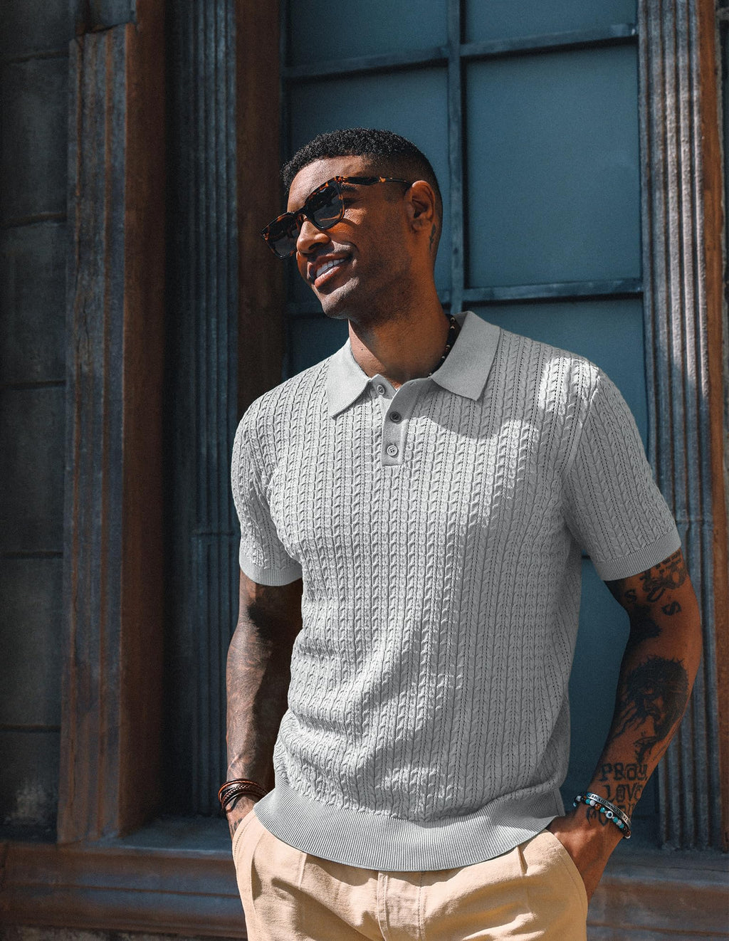PJ PAUL JONES Mens Knit Polo Shirt Short Sleeve Hollow Out Knit Shirt Texture Knitted Polo