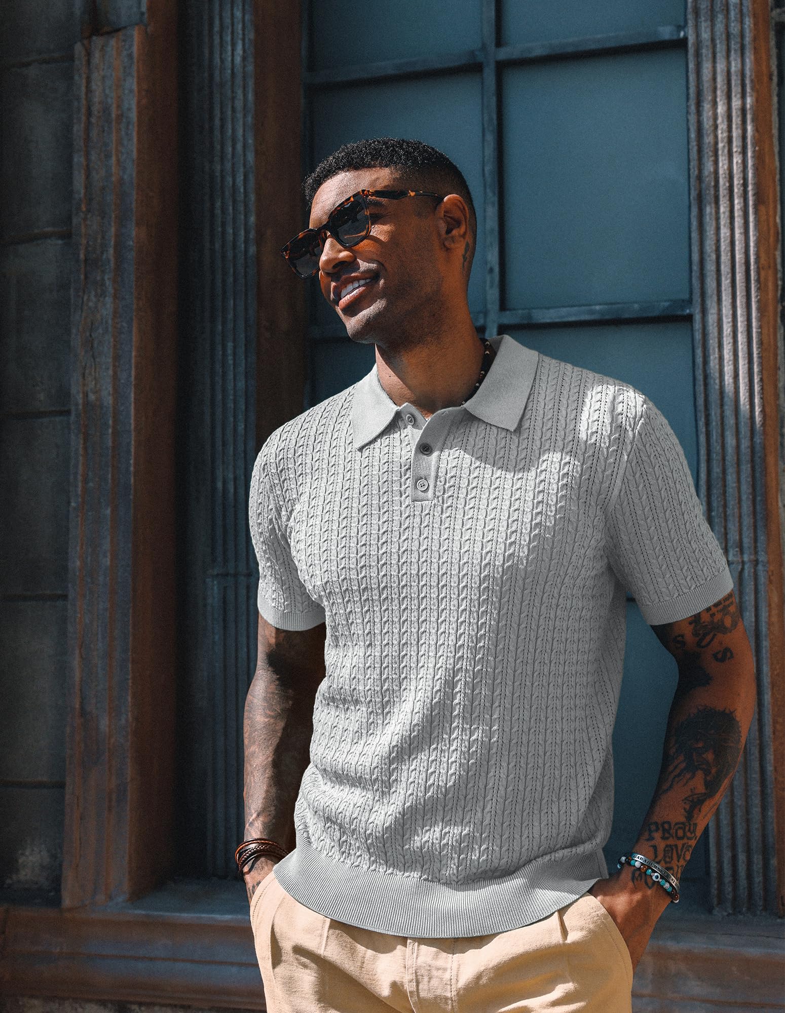PJ PAUL JONES Mens Knit Polo Shirt Short Sleeve Hollow Out Knit Shirt Texture Knitted Polo