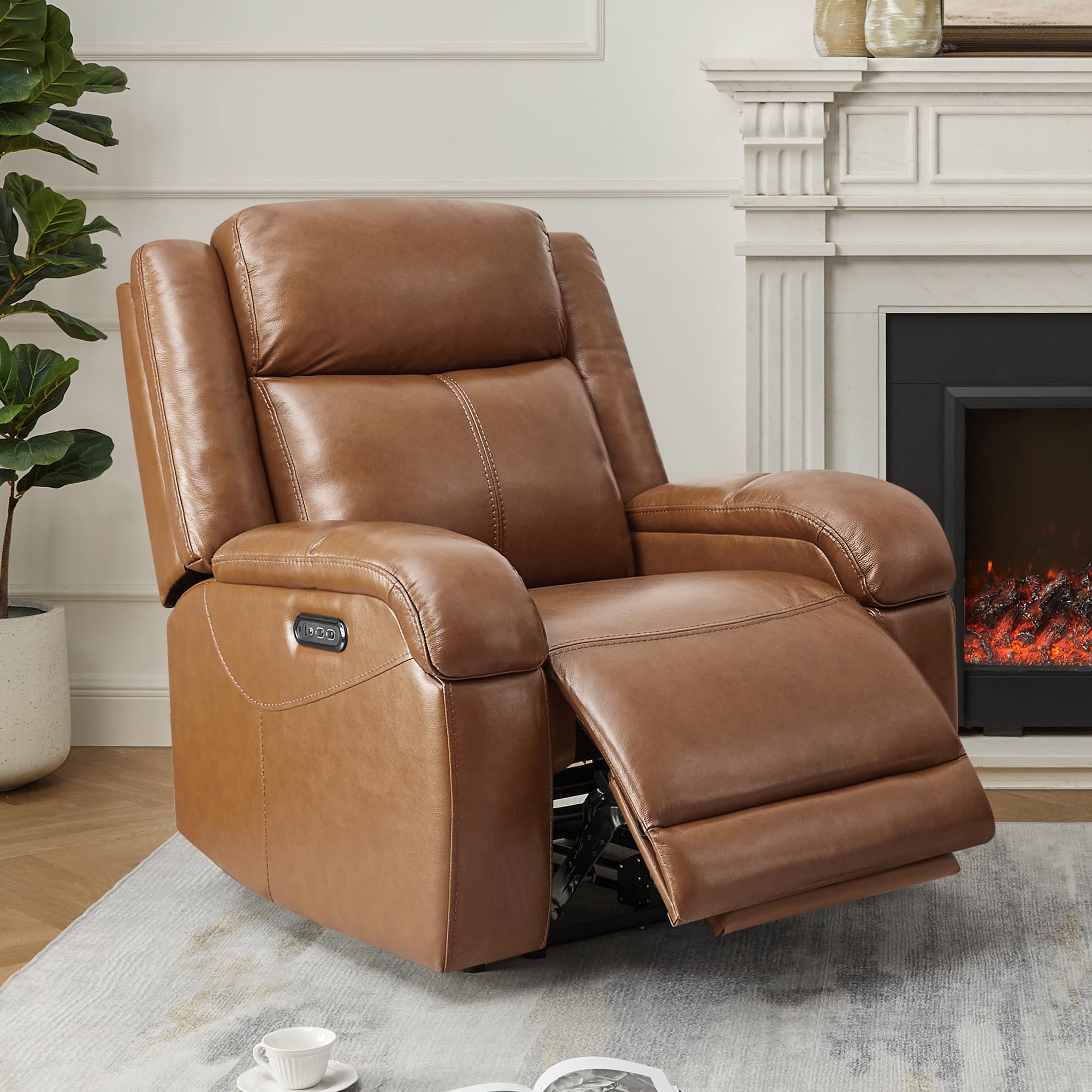 Watson & Whitely Genuine Leather Power Recliner Chairs for Adults, Wall Hugger RV Recliner with Power Headrest & Charging Ports, Electric Recliner Sofa Chair for Living Room, Black