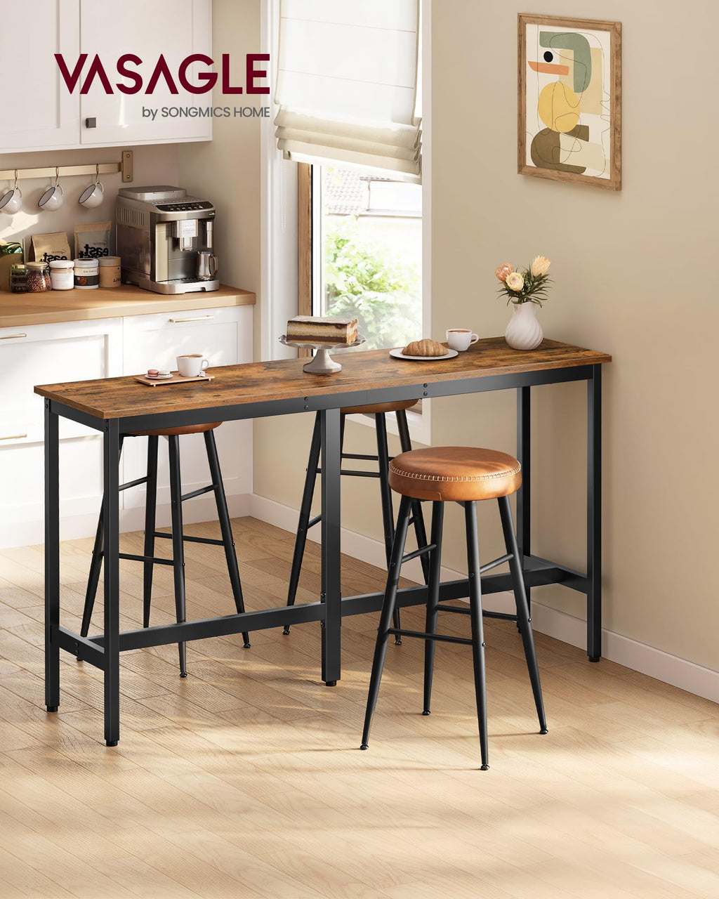 VASAGLE Bar Table, Kitchen Dining Table, High Top Pub Table, Bar Height Cocktail Table for Living Room Party, Sturdy Metal, 15.7 x 39.4 x 35.4 Inches for Narrow Spaces, Ebony Black and Ink Black