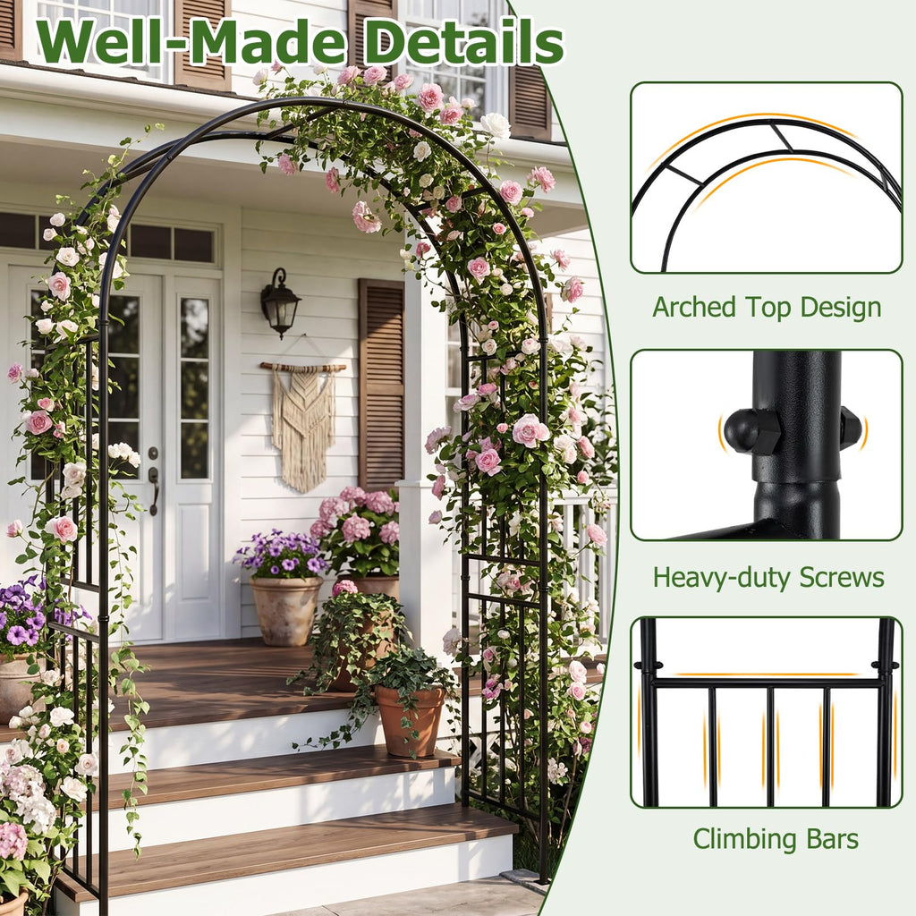 LDAILY Moccha Garden Arch Arbor Trellis, 7.2Ft Outdoor Steel Arbor with Stakes, Metal Archway for Climbing Plants, Wide Sturdy Garden Arch for Lawn, Party, Ceremony Wedding Decoration, Black (1 Piece)