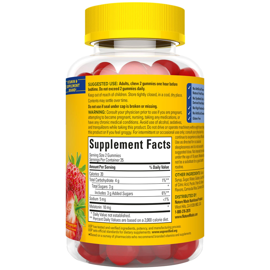 Nature Made Melatonin 10mg per serving Gummies, Maximum Strength Dosage, 100% Drug Free Sleep Aid for Adults, 60 Melatonin Gummies, 30 Day Supply