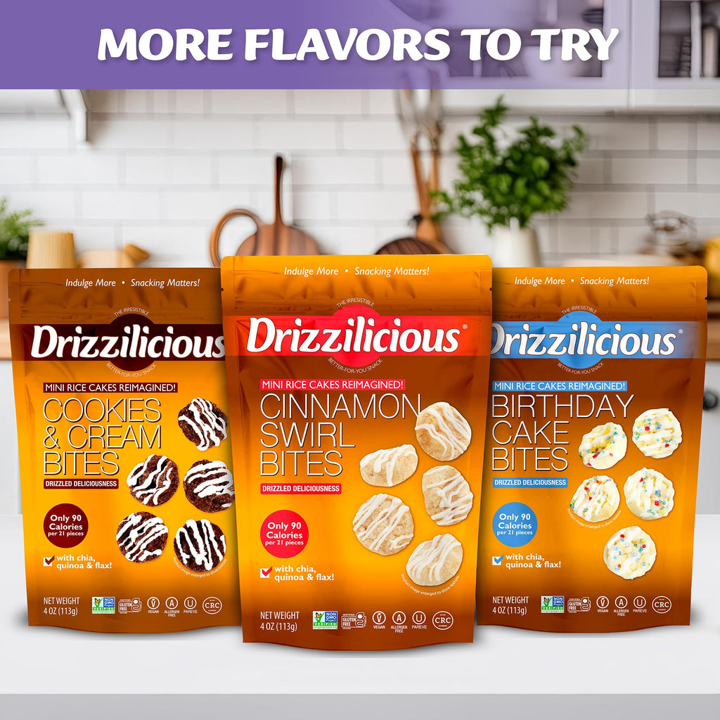 Drizzilicious Mini Flavored Rice Cakes - Rice Crisps, Healthy Snack for Adults and Kids, Vegan, Gluten Free Snack, 90 Calories Per 21 Pieces, S'mores & Cinnamon Swirl - 4 oz (Pack of 6)