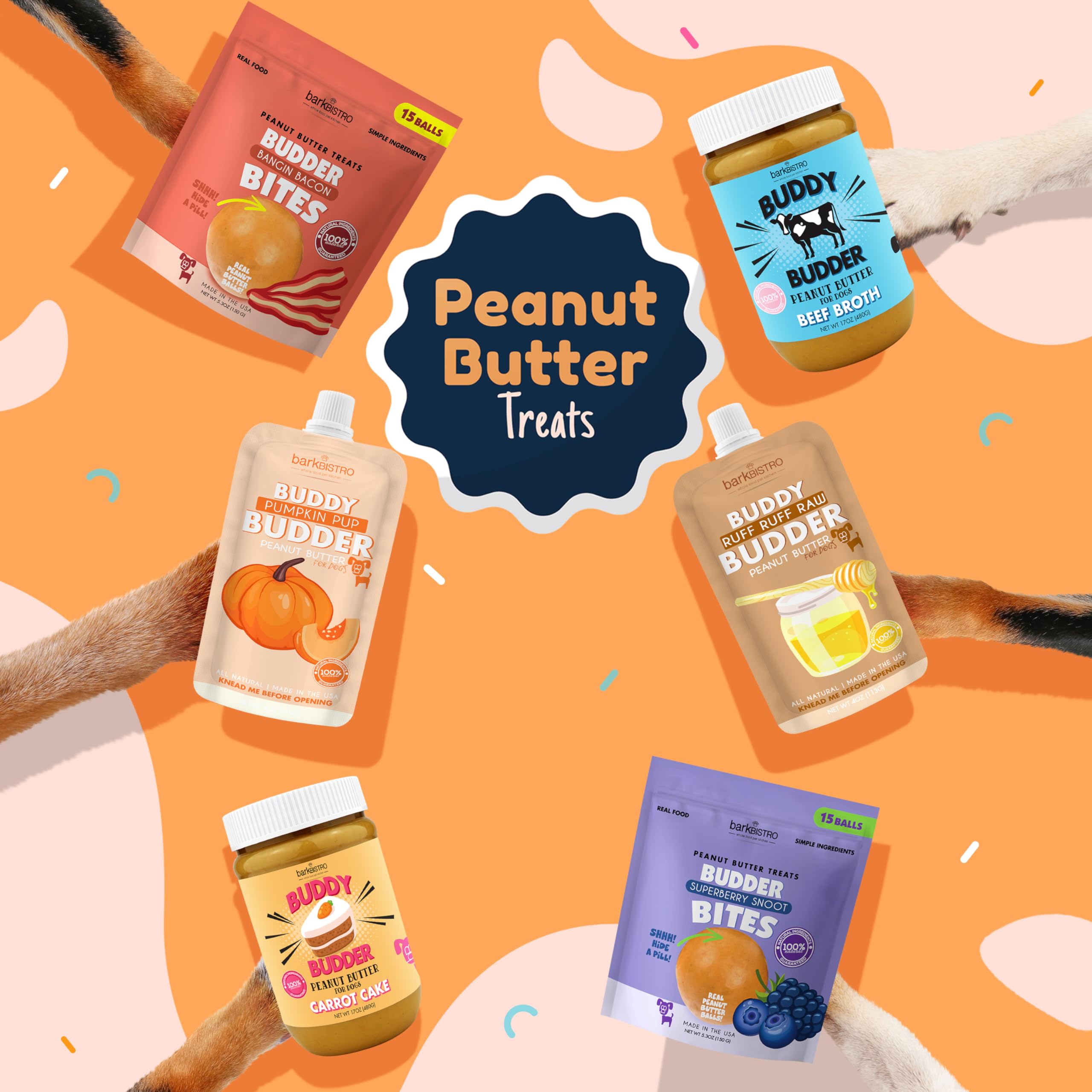 BUDDY BUDDER 6 Pack Mixed Flavor Squeeze Packs, 100% Natural Dog Peanut Butter, Healthy Peanut Butter Dog Treats, Made in USA, (4oz Packs)