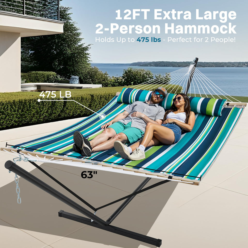 SUPERJARE Hammock with Stand, 2 Person Quilted Outdoor Hammock, Detachable Pillow & Bamboo Spreaders, Portable Hammock with Carrying Bag, Heavy Duty Stand, Perfect for Outside, Patio, Aqua Blue