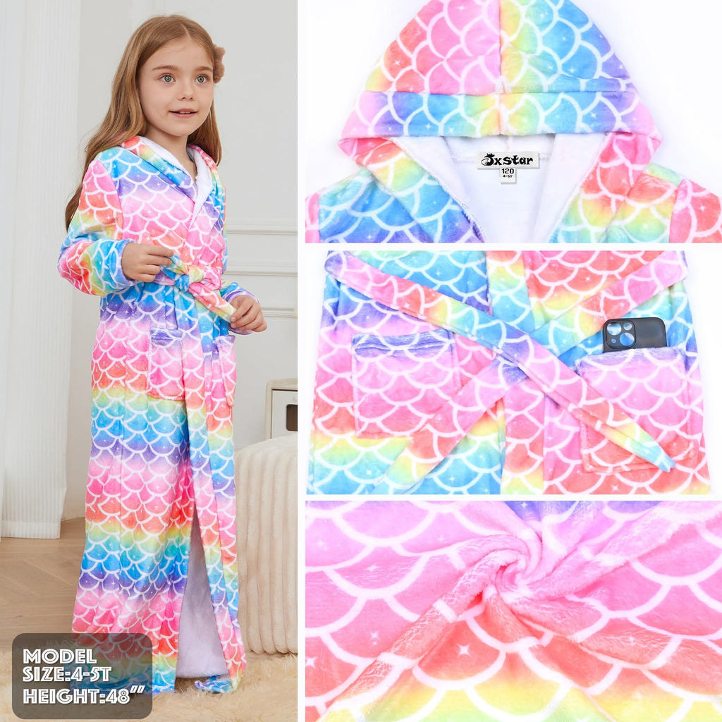 Jxstar Girls Bathrobes Kids Long Hooded Robes Plush Full Length Coral Fleece Pajamas Sleepwear