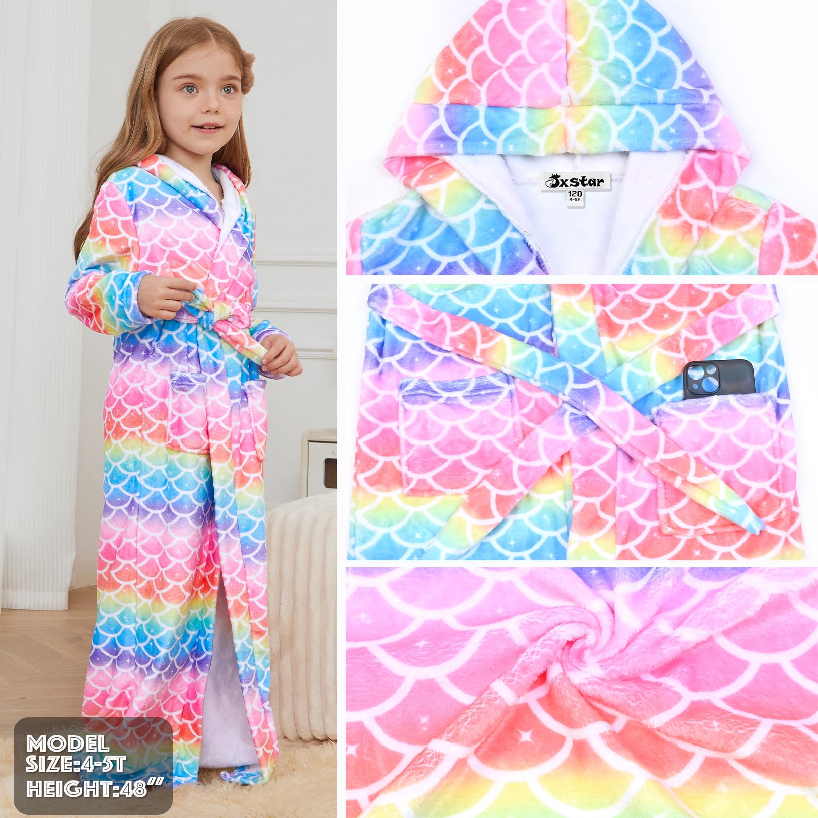 Jxstar Girls Bathrobes Kids Long Hooded Robes Plush Full Length Coral Fleece Pajamas Sleepwear