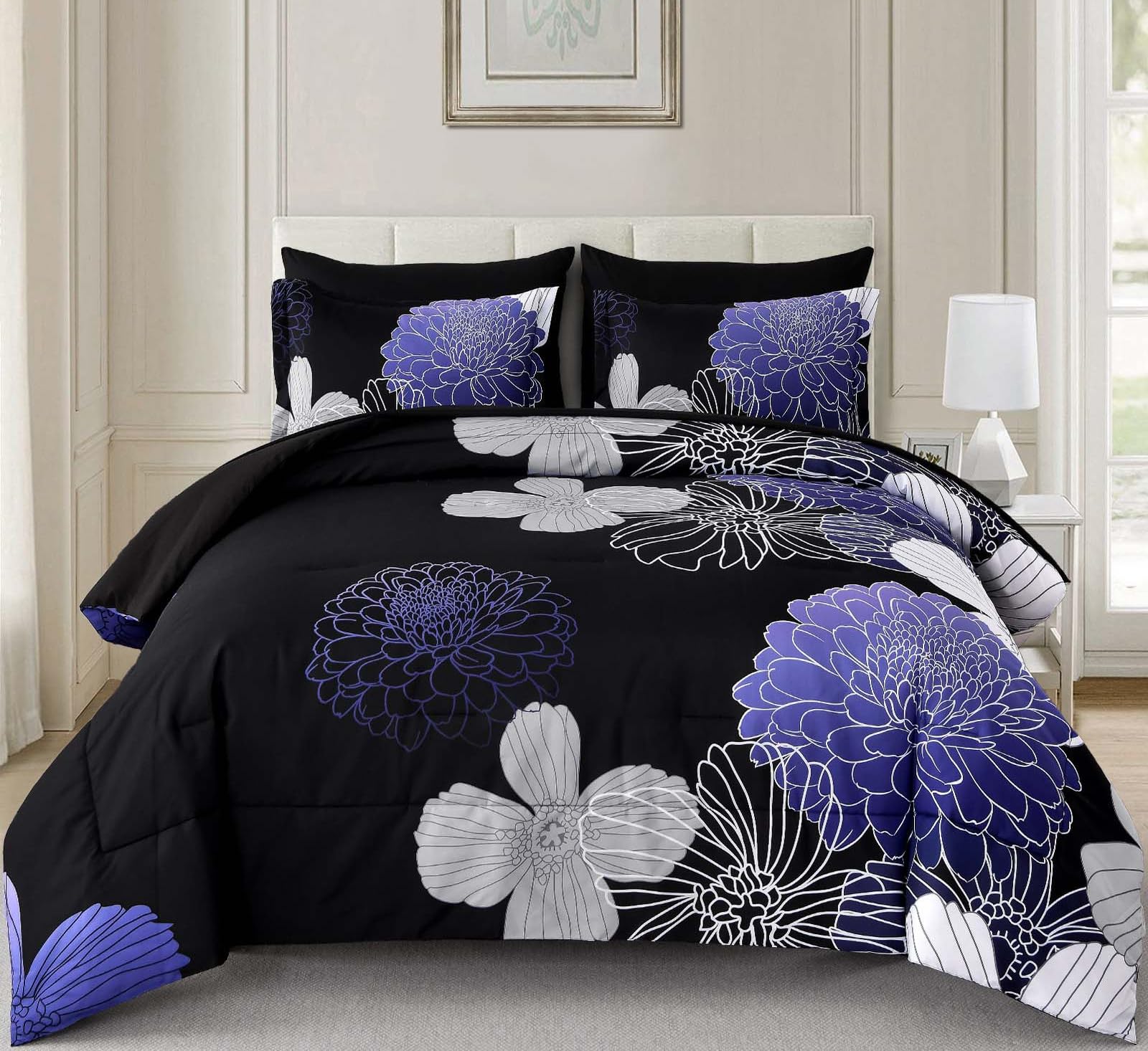 Yiran 7 Pieces Bed in a Bag Blue Floral Comforter Set Queen Size Flowers Comforter Set Soft Microfiber Bedding Set (1 Comforter 1 Flat Sheet 1 Fitted Sheet 2 Pillowshams 2 Pillowcases)