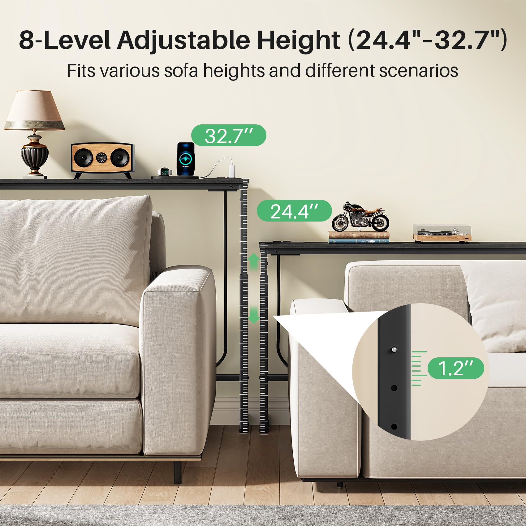 Kitstorack Narrow Sofa Table with Charging Station, 78.8" Behind Couch Table, Adjustable 24.4"-32.7" Height, Modular 2-piece Design for sectionals, entryways, Apartments, and Narrow Living Spaces