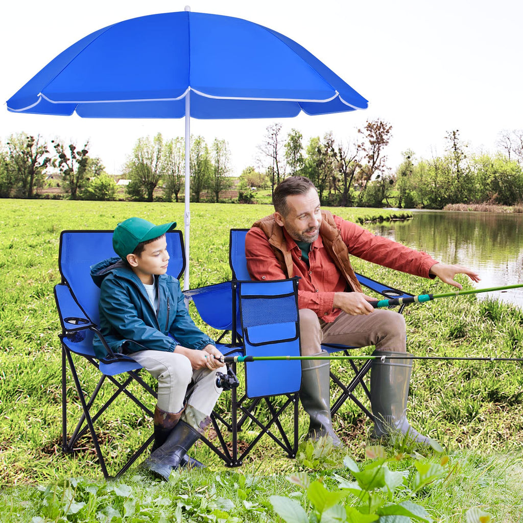 COSTWAY Double Portable Picnic Chairs, Folding Camping Chairs w/Detachable Umbrella, Cooler Bag, Cup Holders, Patio Beach Camping Chairs for Outdoors