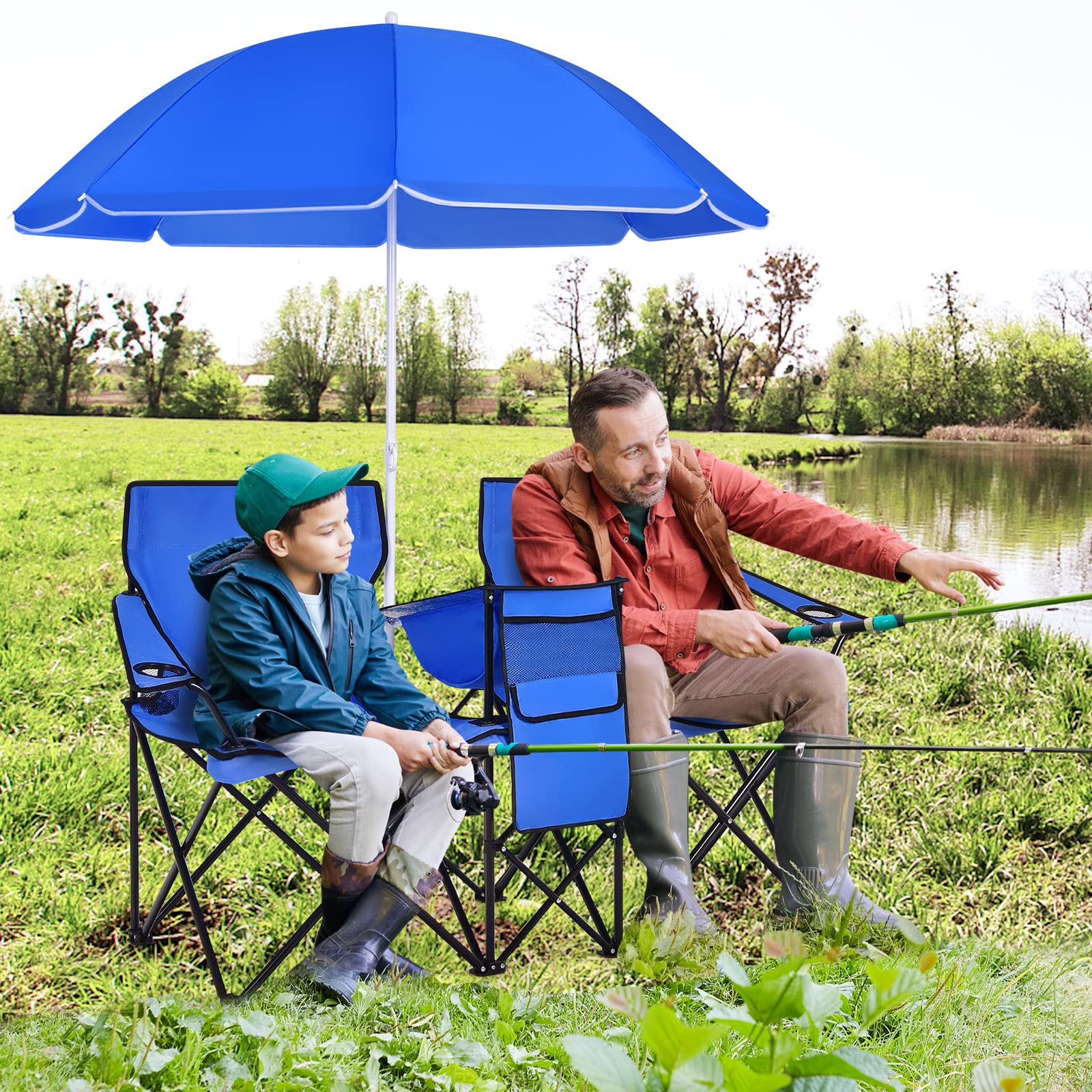 COSTWAY Double Portable Picnic Chairs, Folding Camping Chairs w/Detachable Umbrella, Cooler Bag, Cup Holders, Patio Beach Camping Chairs for Outdoors
