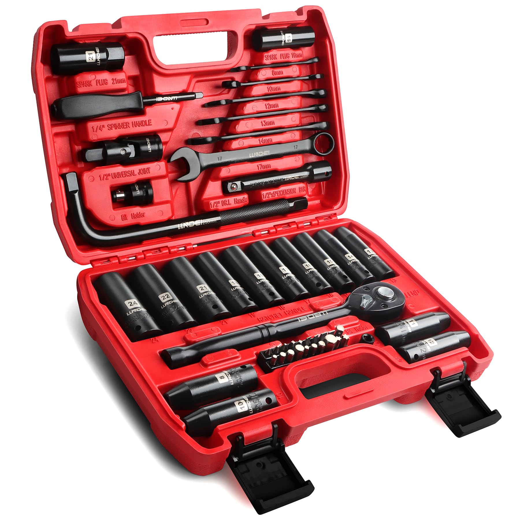 LLNDEI 1/2 inch Drive Deep Impact Socket Set, 37 Piece Standard SAE 3/8" to 1-1/4" | Metric 8 to 24mm, Includes Spark Plug Socket (16, 21mm), CR-MO Universal Joint, Extension Bars and Adapter