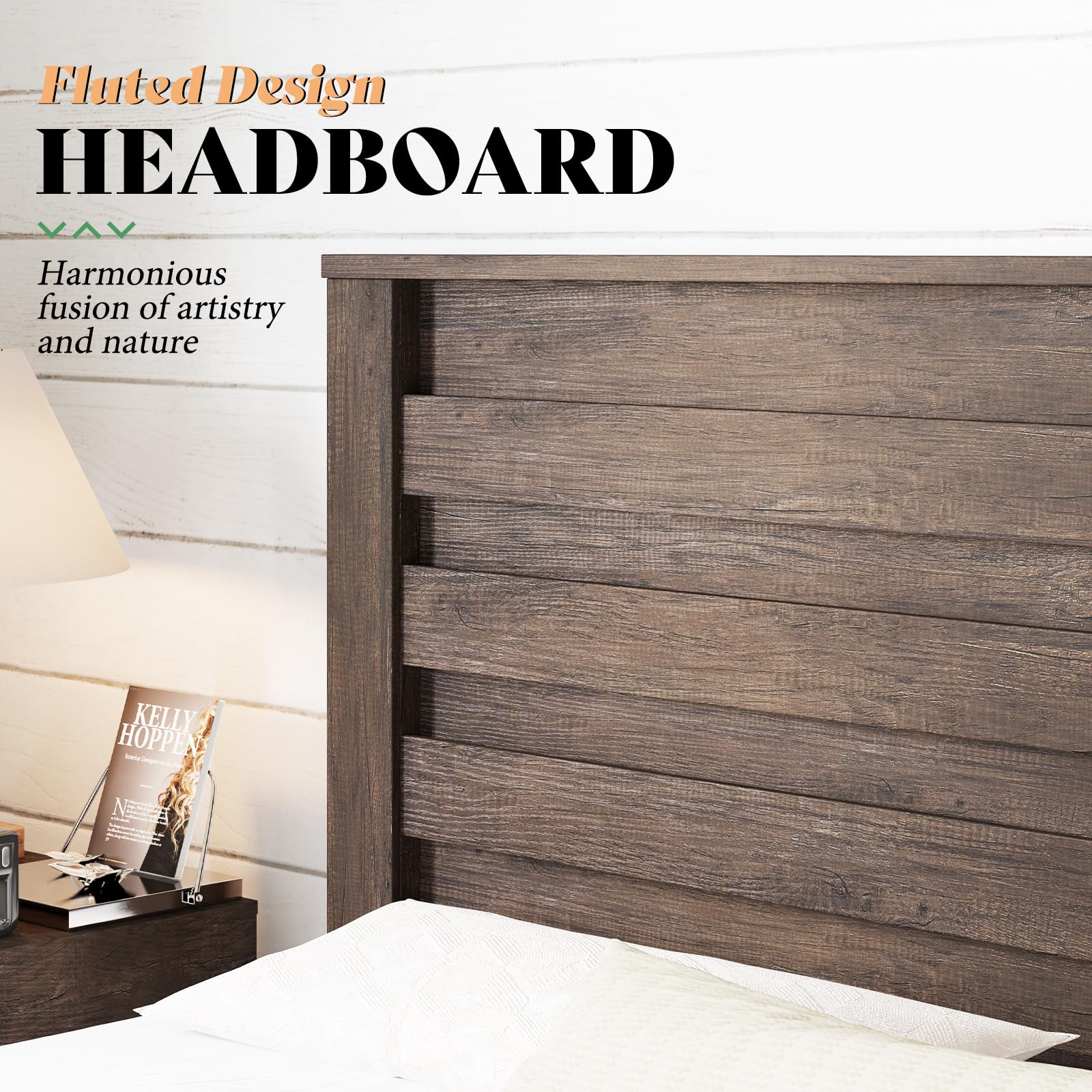 AMERLIFE Farmhouse Full Size Bed Frame with 49" Fluted Headboard, Wood Platform Bed with Natural Grain, No Box Spring Needed/Noise Free, Black