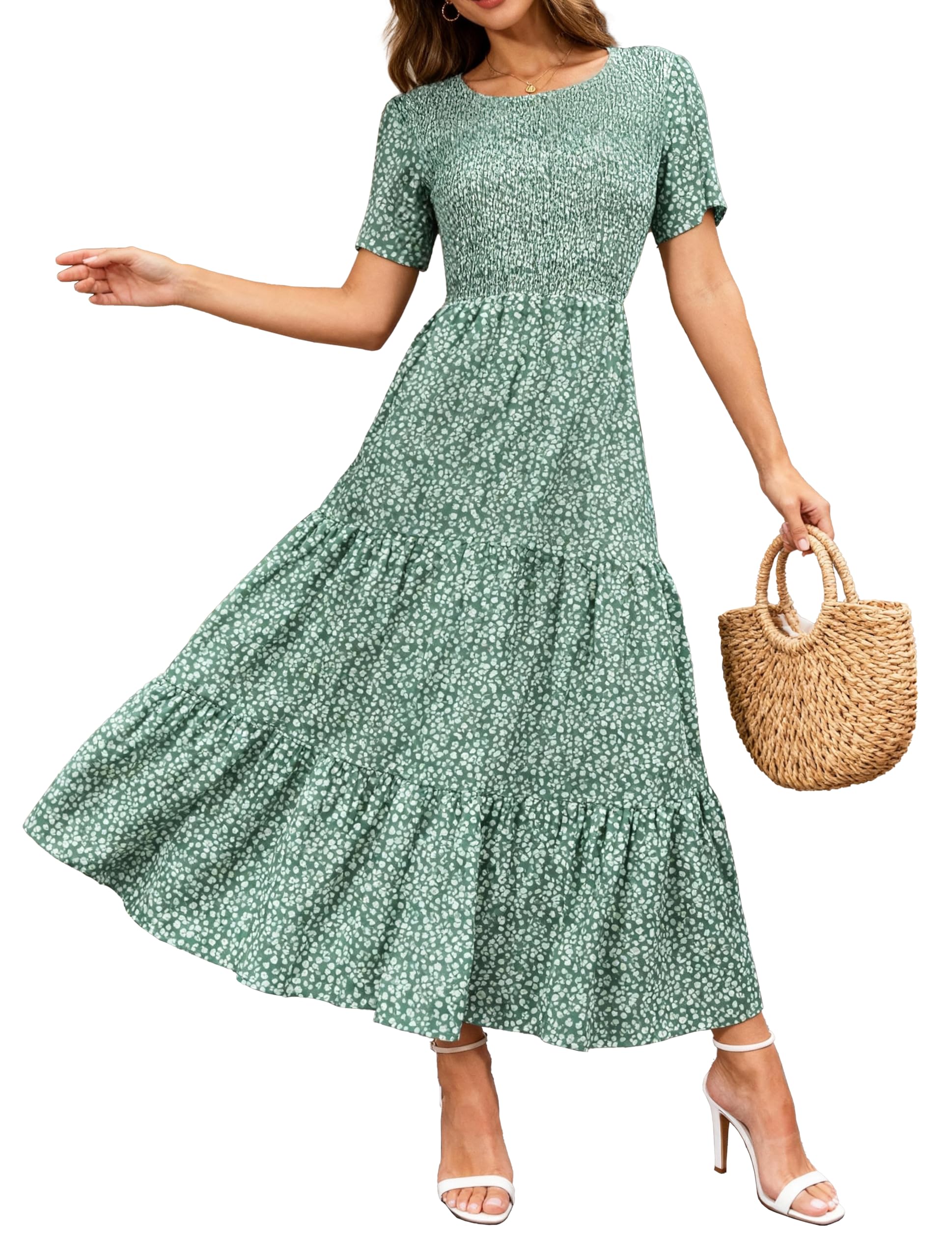 BTFBM Women Casual Short Sleeve Crew Neck Summer Dress Bohemian Floral Printed Flowy Maxi Dresses Tiered Cocktail Dress