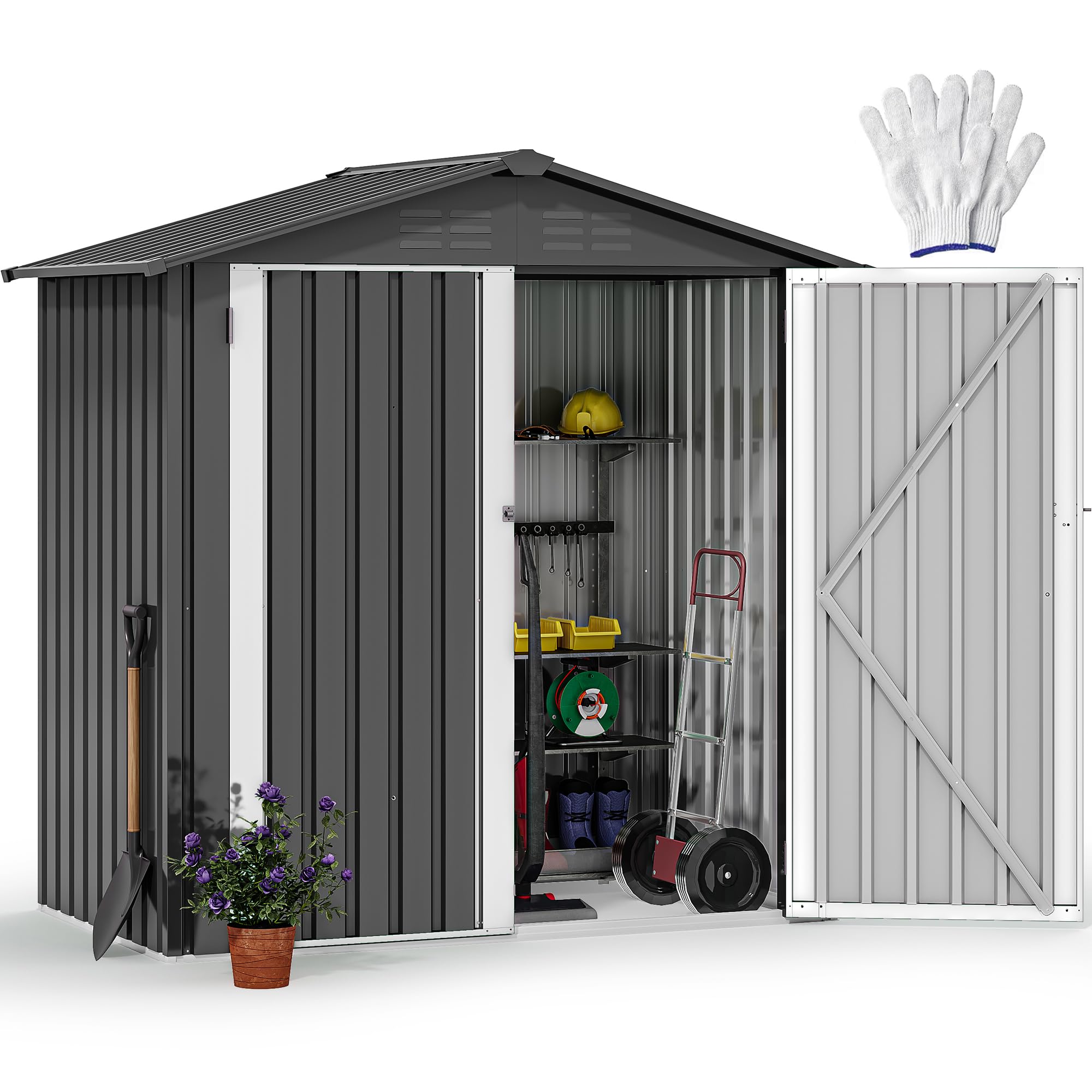 DWVO 6x4ft Outdoor Storage Shed, Lockable Metal Tool Storage Sheds, Waterproof Garden Sheds with Vents for Backyard, Patio, Garage, Lawn, Dark Gray