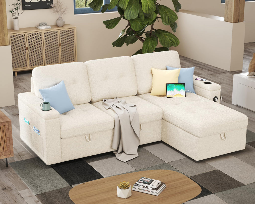 PaPaJet Sofa Bed, Sleeper Sofa with Storage Chaise, L Shaped Sofa with Pull Out Bed, Oversized Sofas for Living Room, Beige
