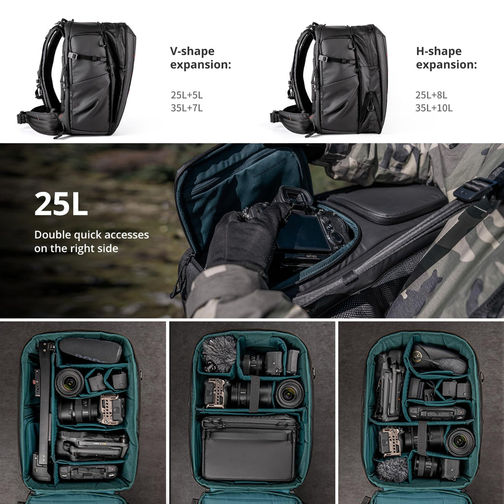PGYTECH OneMo 2 25L-33L Camera Backpack with Shoulder Bag for Photographers, Waterproof Large Camera Bag for Canon/Nikon/Sony/dji Drone/Laptop/Tripod, Black