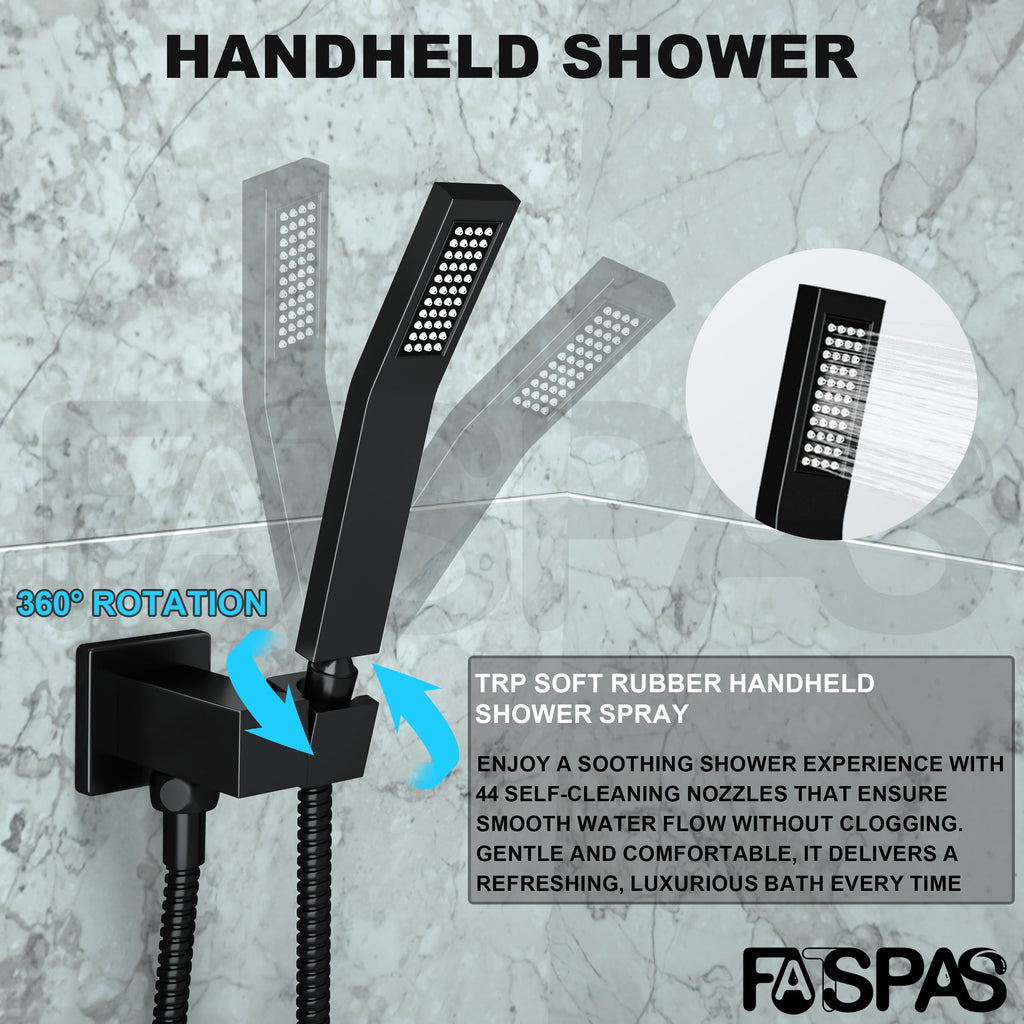 Brushed Gold Shower System with 10-Inch Rain Showerhead and Tub Spout | cUPC-certified pressure balance brass valve to prevent scalding, CEC-certified air injection technology for low pressure