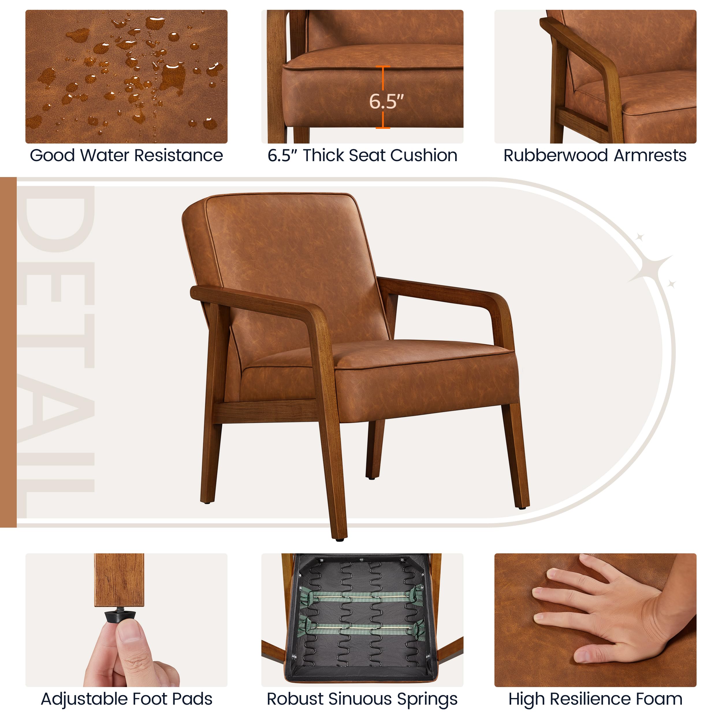 Yaheetech Accent Chair, PU Leather Reading Chair, Mid Century Modern Arm Chair with Solid Wood Frame for Living Room Bedroom Waiting Room, 2 Pieces, Black