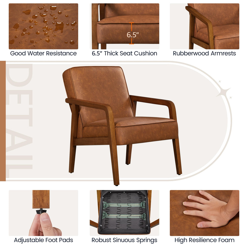 Yaheetech Accent Chair, PU Leather Reading Chair, Mid Century Modern Arm Chair with Solid Wood Frame for Living Room Bedroom Waiting Room, 2 Pieces, Black