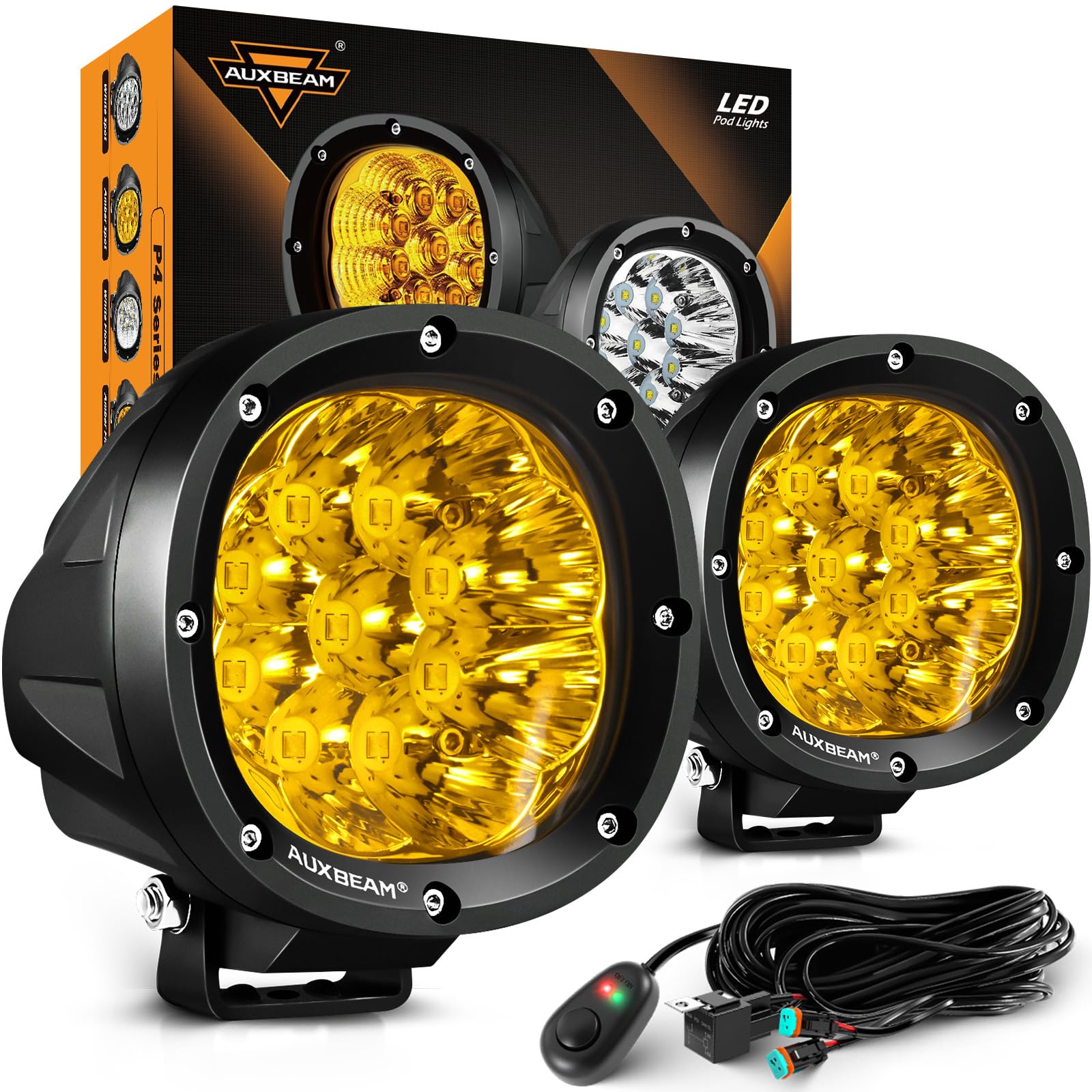 Auxbeam P4 Series Flood Beam LED Pods 4 Inch 90W Round Offroad Fog Lights Driving Flood Light Bar Bumper A-Pillar Hood Mount for Trucks ATV UTV Motorcycle Jeep