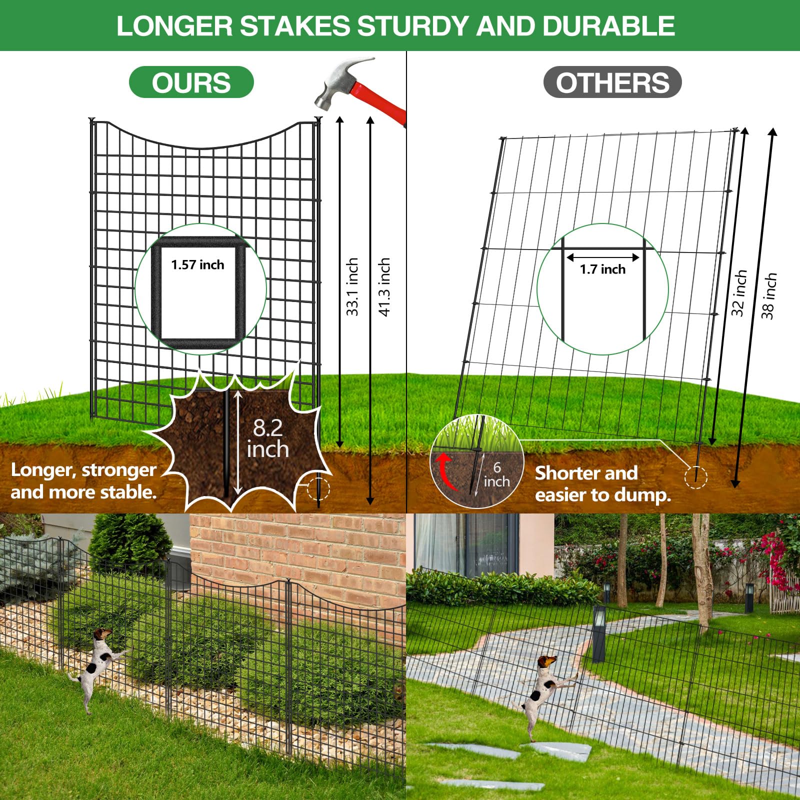 10 Panels Garden Fence Animal Barrier, 33 in(H) X 24 ft(L) Dog Fence Outdoor for Yard with Lock, Tall Metal Fencing with Ground Stakes, Temporary Fencing for Dog, Rabbits, and Patio Border