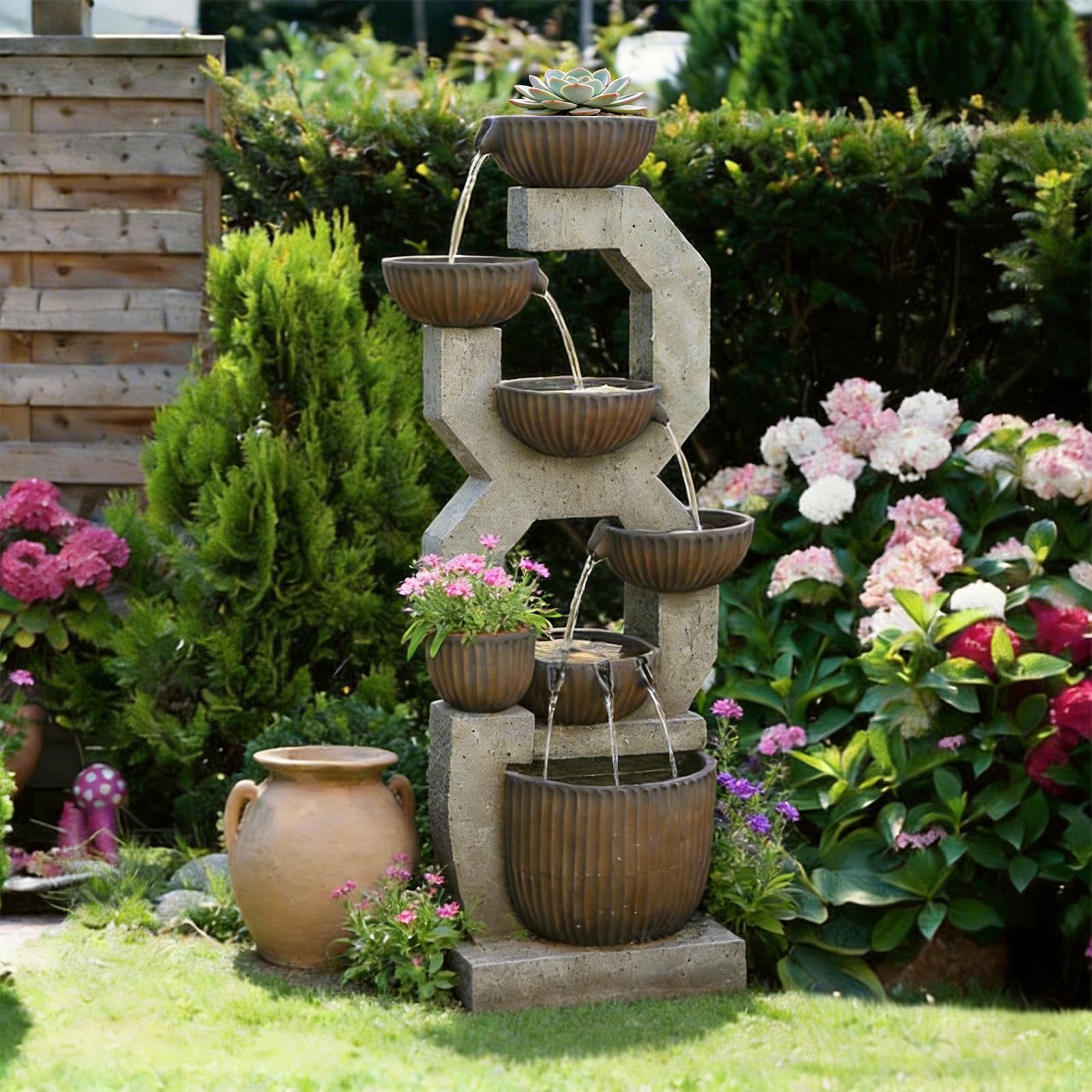 Bumilgar 2-Tier Bowl Water Fountain with LED Lights, 27.95" Tall Freestanding Outdoor & Indoor Garden Waterfall Fountain for Yard, Patio, Backyard, Floor Standing Home Decor