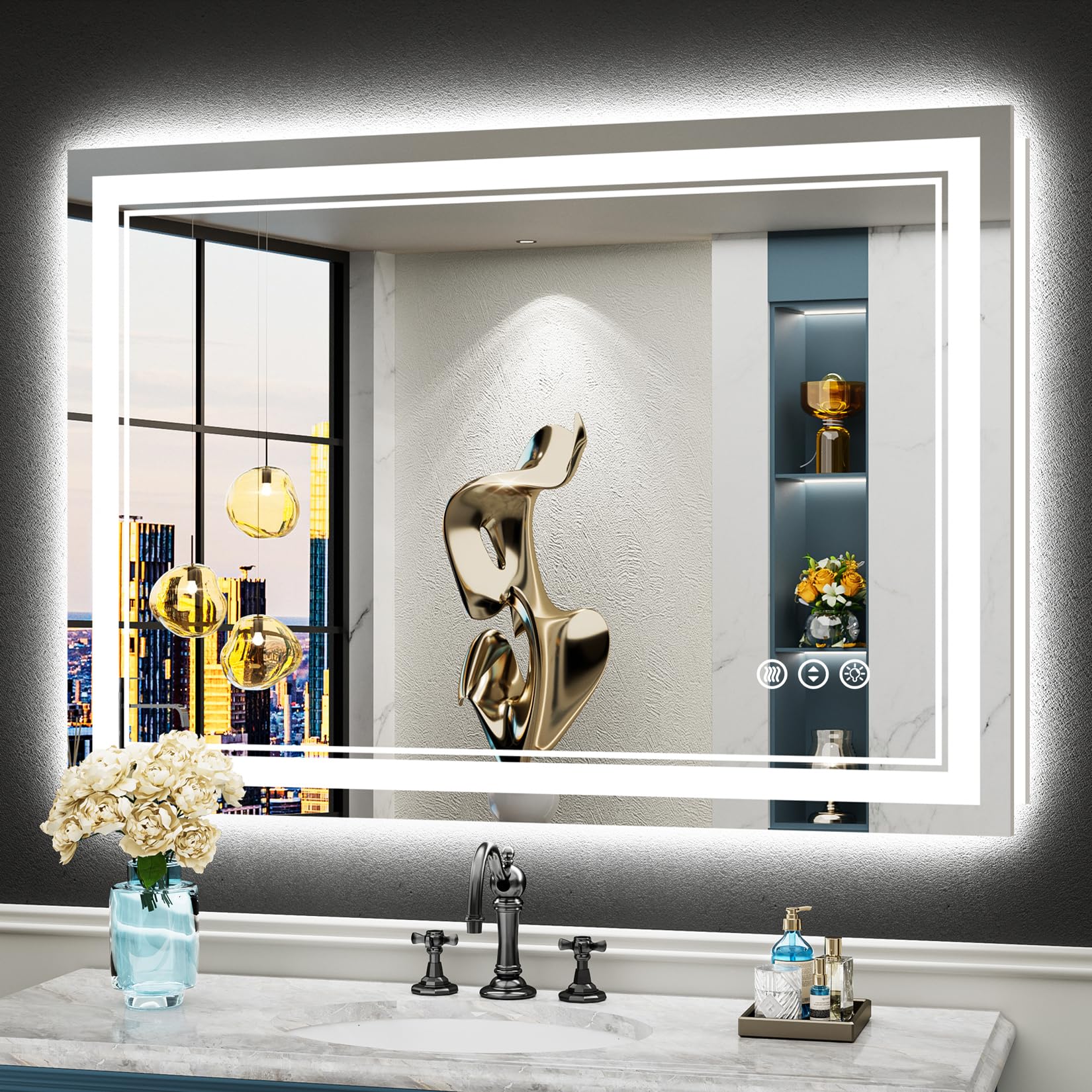 24x32 Black Framed LED Bathroom Mirror with Lights, Backlit and Front Lit Anti-Fog Lighted Vanity Mirrors for Bathroom Wall, Dimmable, 3 Colors, Memory, HD Tempered Glass, Horizontal/Vertical