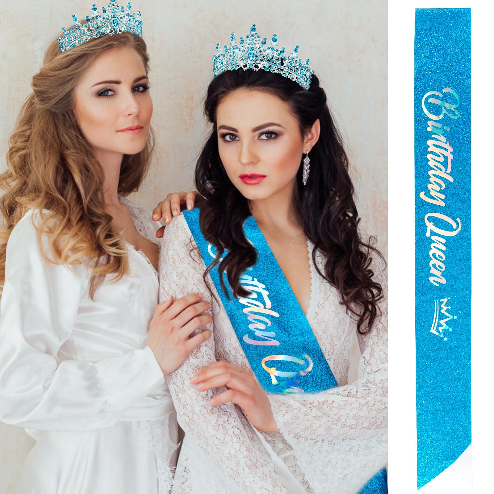 VELSCRUN AB Silver Crystal Birthday Queen Tiara Crowns for Women Girls Birthday Queen Headband Sash Elegant Princess Crown with Combs Hair Accessories Happy Birth Party Decorations Mom Gift