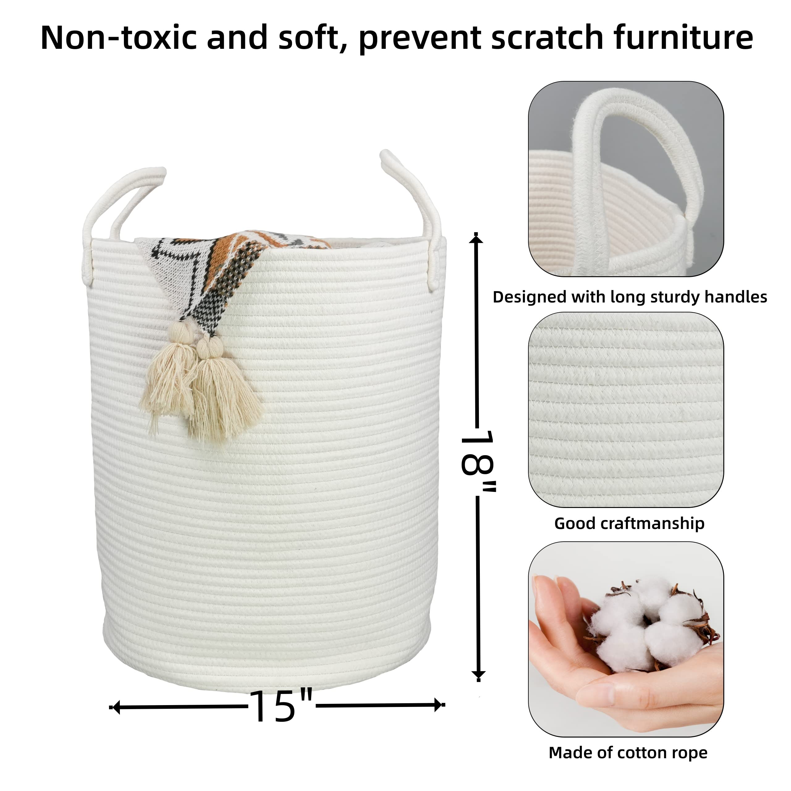 XUANGUO Black Cotton Rope Laundry Basket Hamper for Clothes Woven Storage Basket for Living Room Bedroom Boho Tall Rope Baskets for Blanket Toys Pillow Towels Baby Nursery Hamper Bin Large