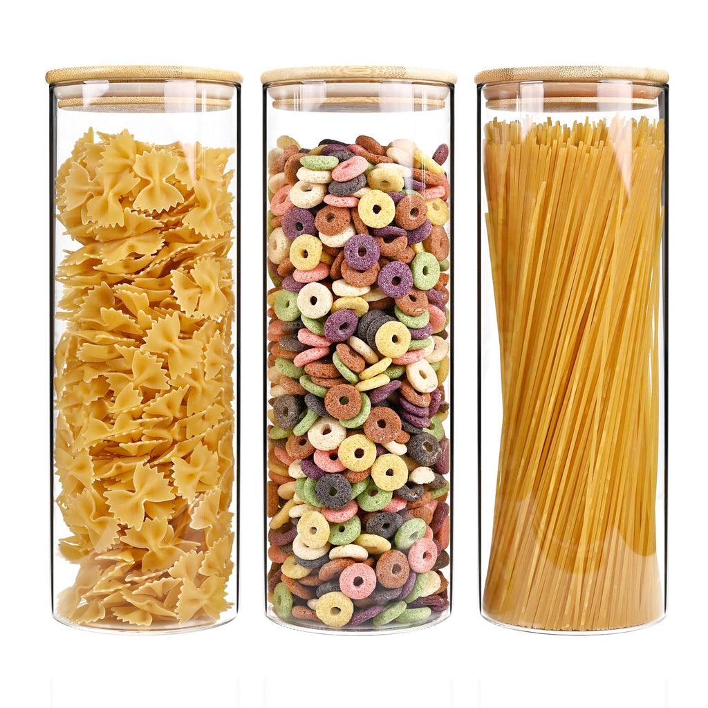 SHOWIN 73oz Glass Pasta Storage Jars, Tall Glass Jars with Bamboo Lids, Spaghetti Container, Set of 3, Kitchen Storage Containers for Pasta, Pantry Organizers
